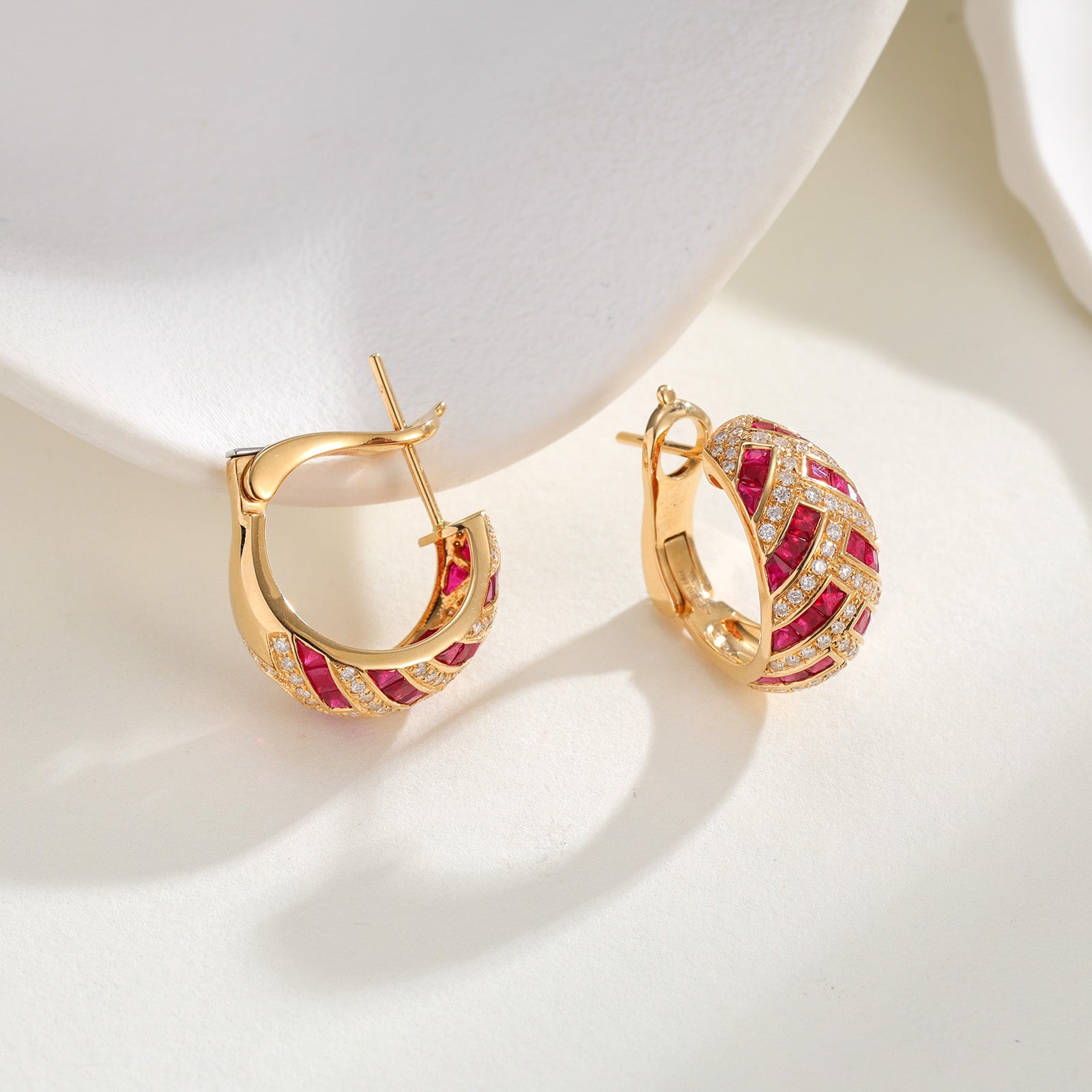 Natural Ruby & Diamond Woven Horn Huggie Earrings in 18K Yellow Gold