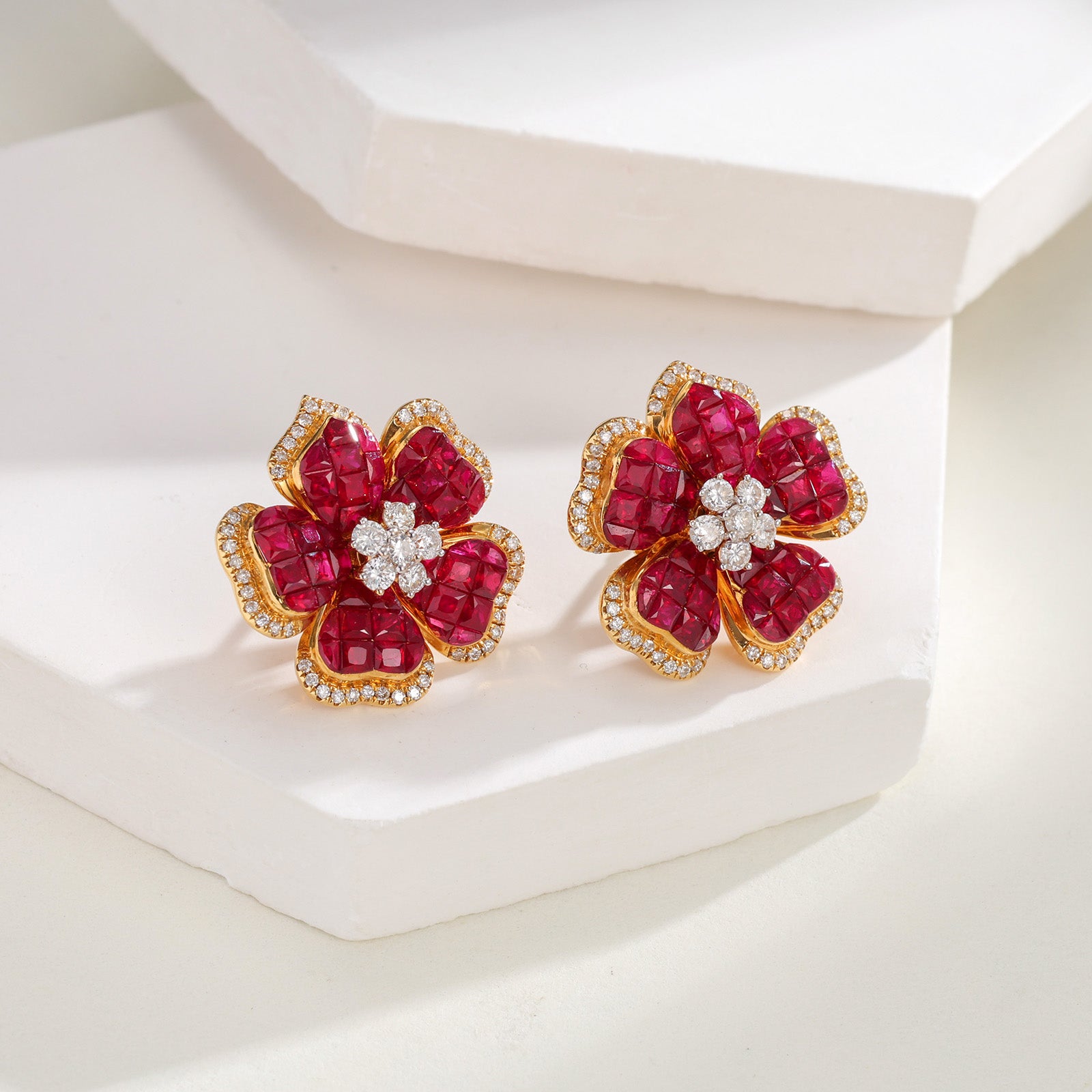 Natural Ruby & Diamond Five Petal Flower Stud Earrings in 18K Yellow Gold
