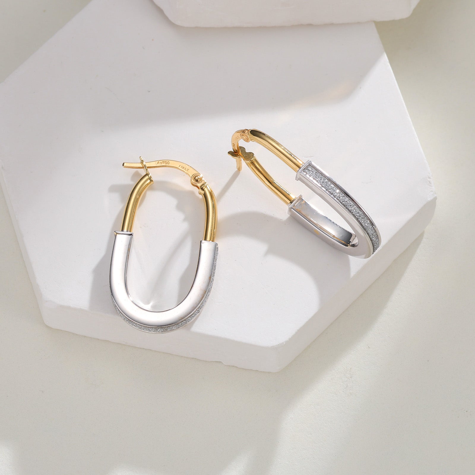 18K Solid Two-Tone White & Yellow Gold Oval Hoop Earrings