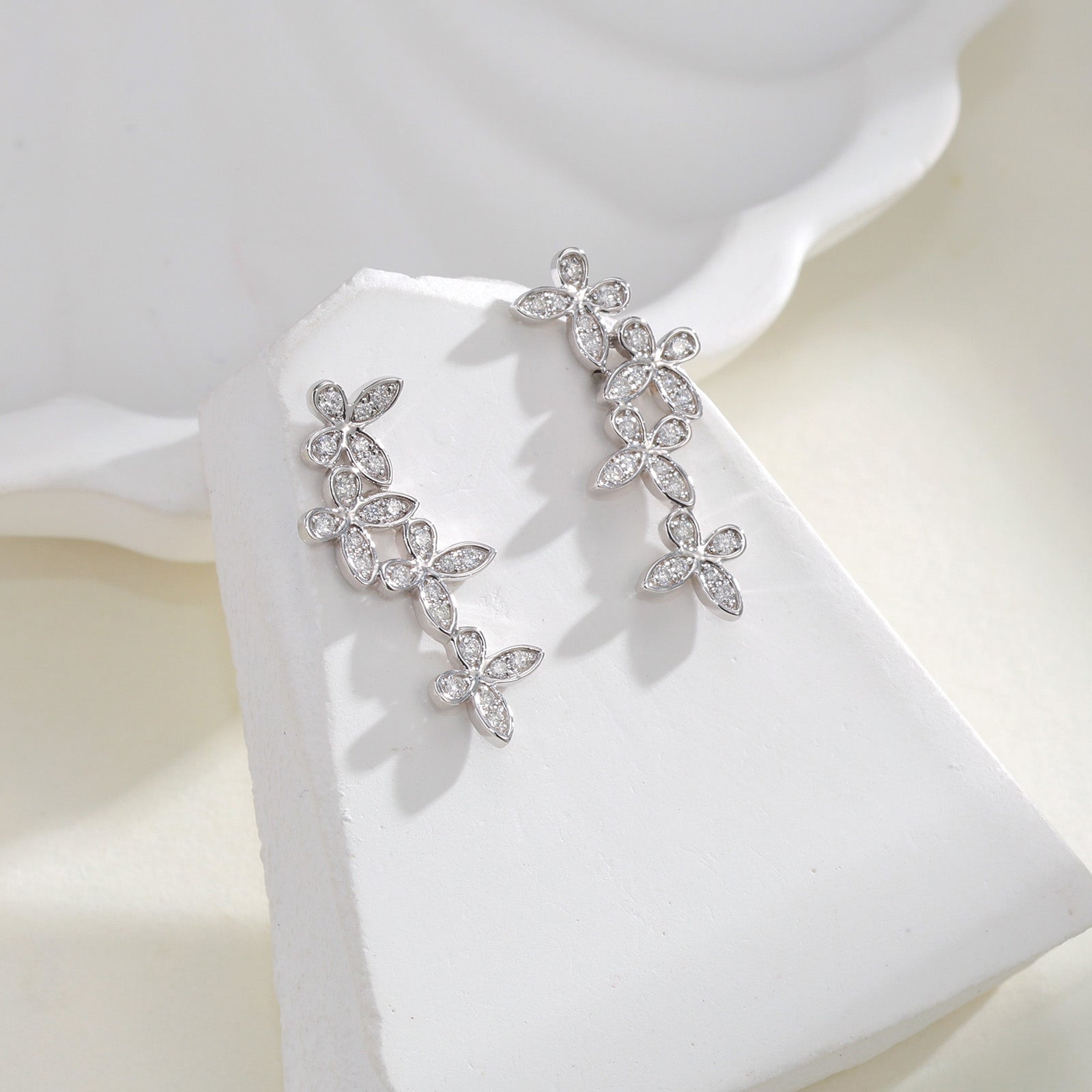 18K Solid White Gold Four Butterfly Natural Diamond Stud Earrings