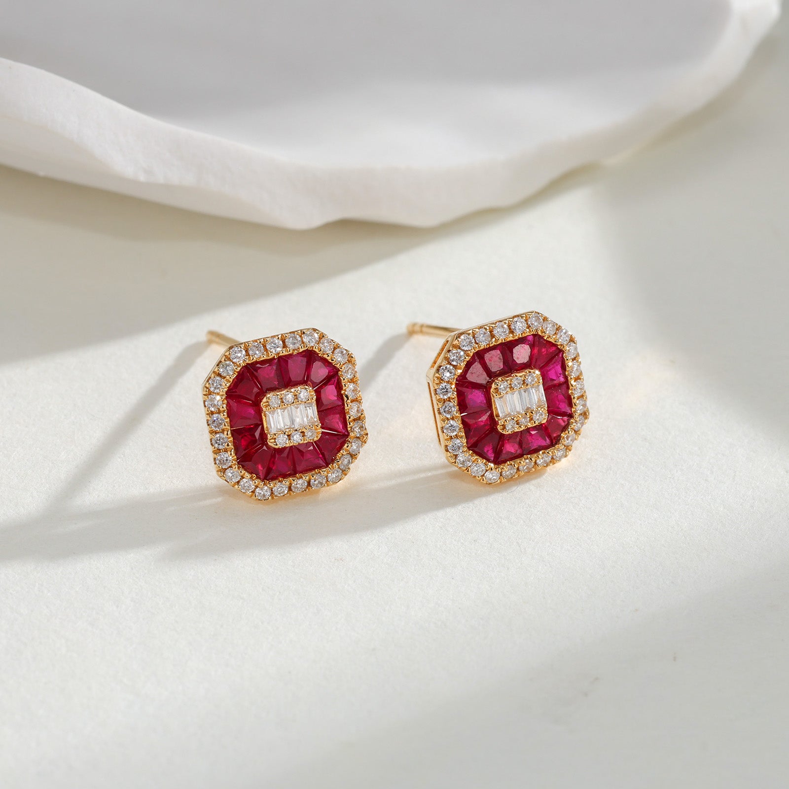 Natural Ruby & Diamond Cushion Halo Stud Earrings in 18K Gold