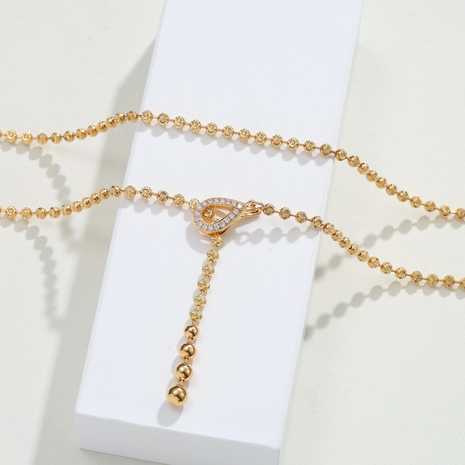 18K Solid Gold Textured Bead Chain Teardrop Natural Diamond Y-Necklace