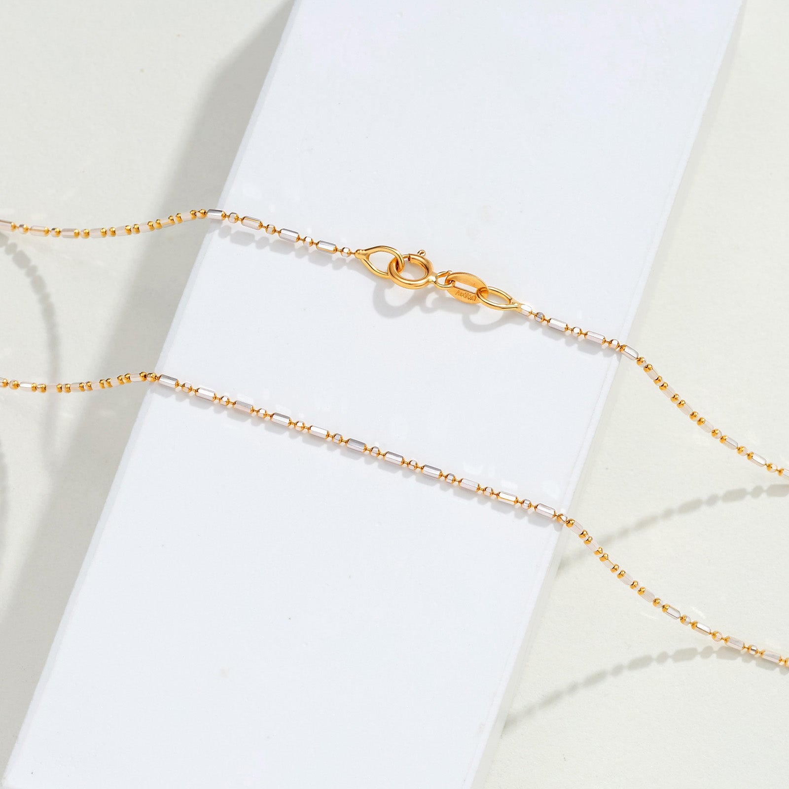18K Solid Two-Tone White & Yellow Gold Bead Bar Chain Necklace