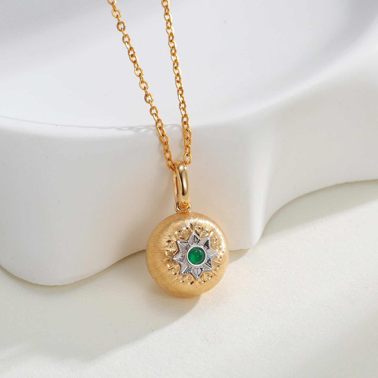 18K Yellow Gold Brushed Mini Round Ball Emerald Pendant (Pendant Only)