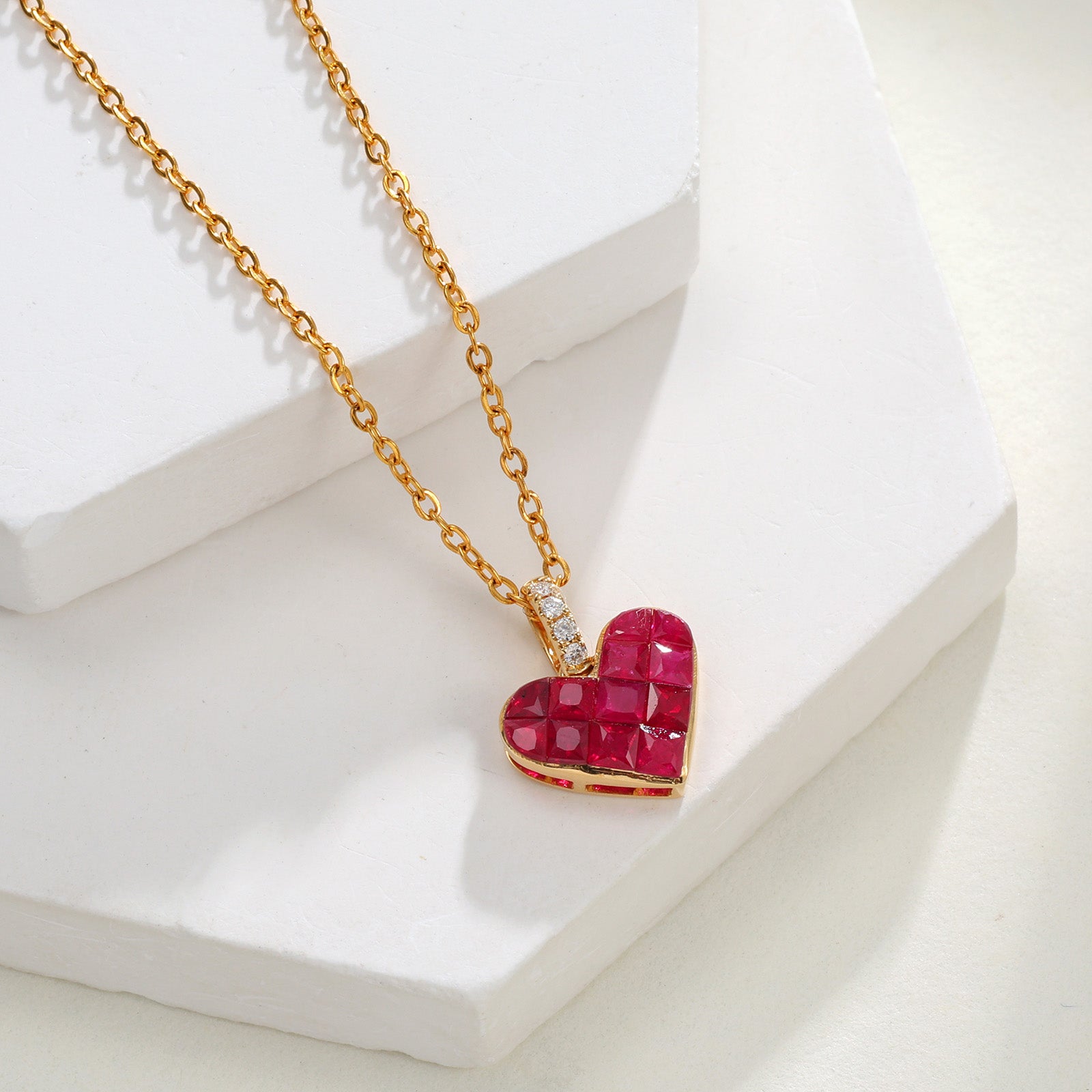 Natural Ruby & Diamond Invisible Set Heart Pendant in 18K Yellow Gold (Pendant Only)
