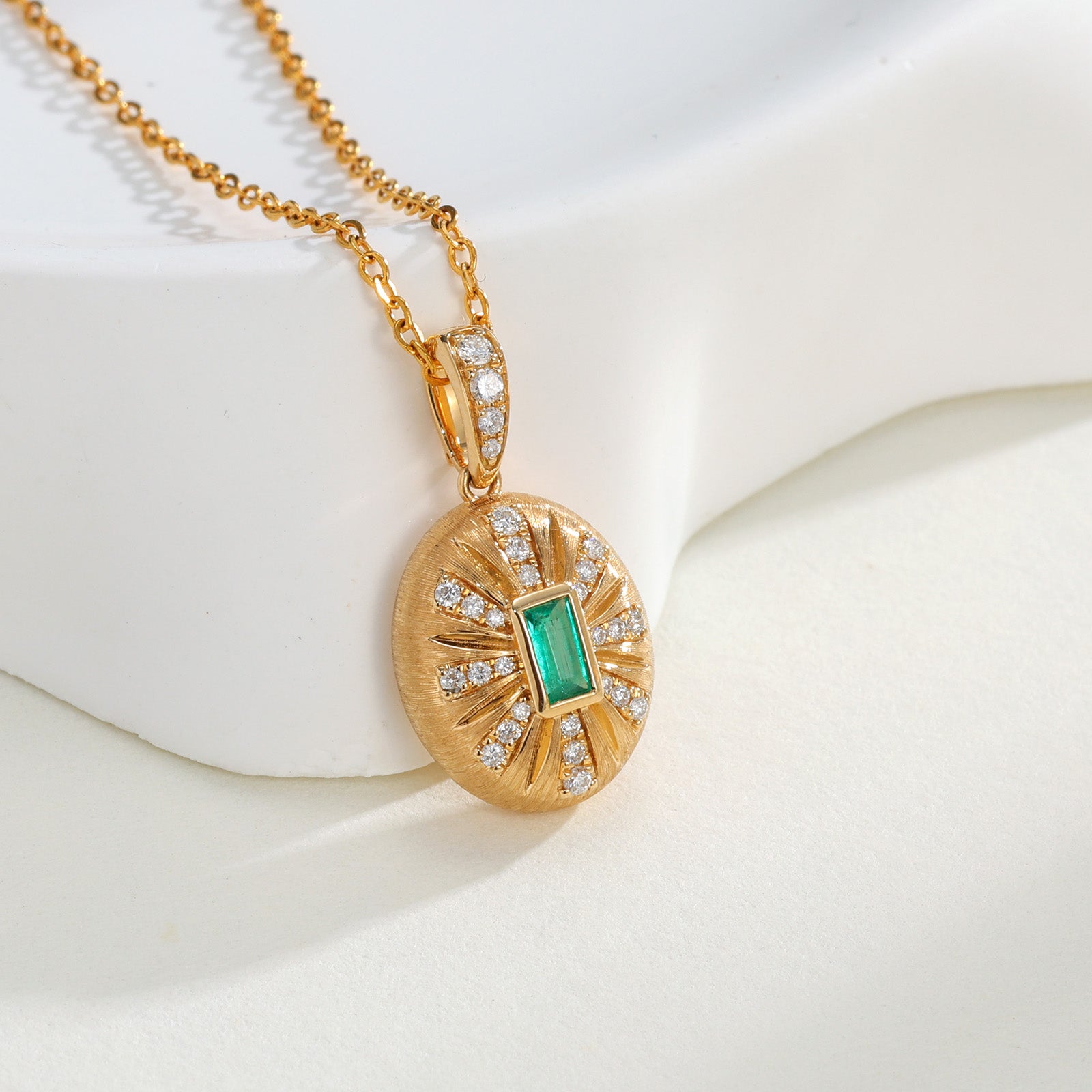 Natural Emerald & Diamond Oval Brushed Sunburst Pendant in 18K Yellow Gold (Pendant Only)