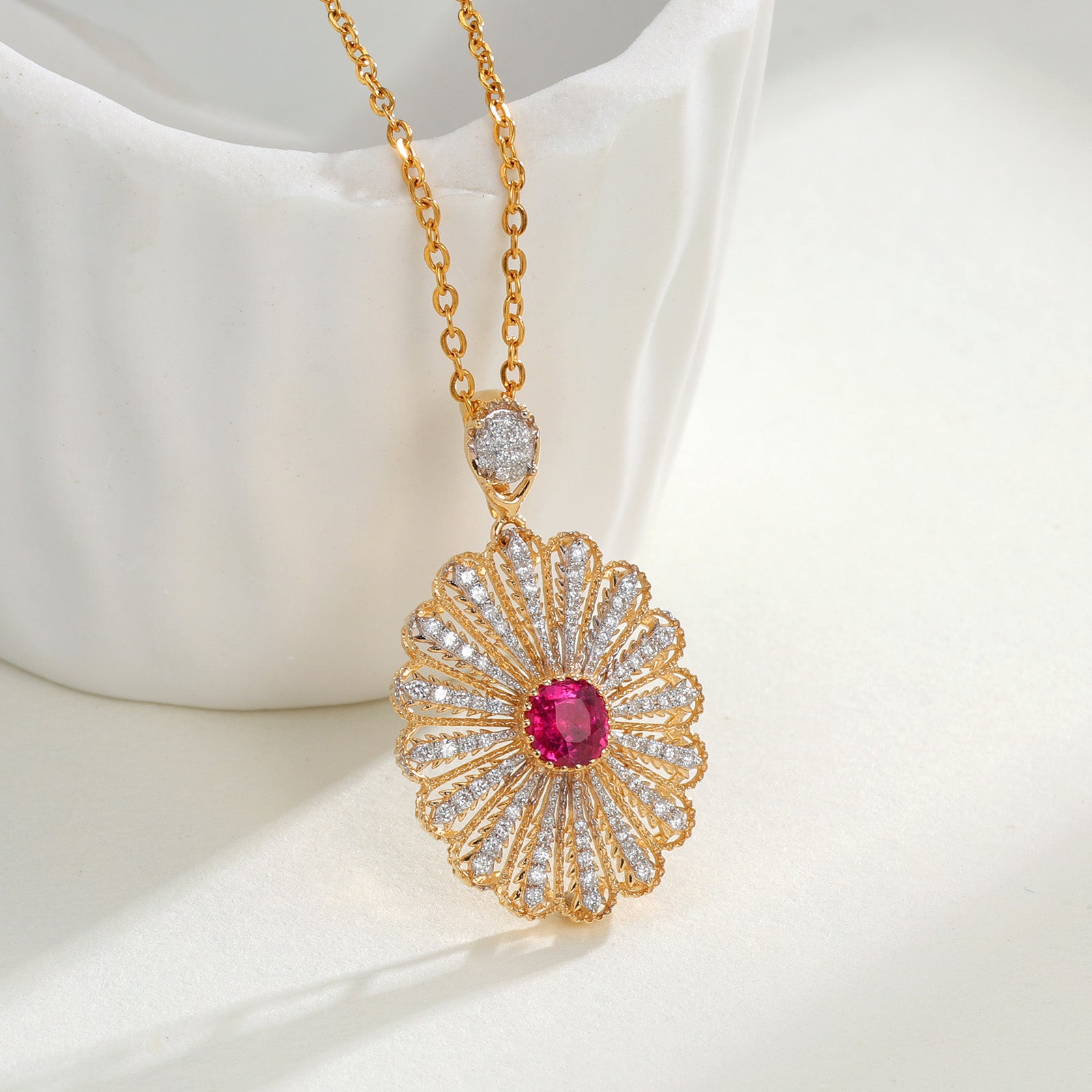 Natural Ruby & Diamond Daisy Flower Pendant in 18K Yellow Gold (Pendant Only)