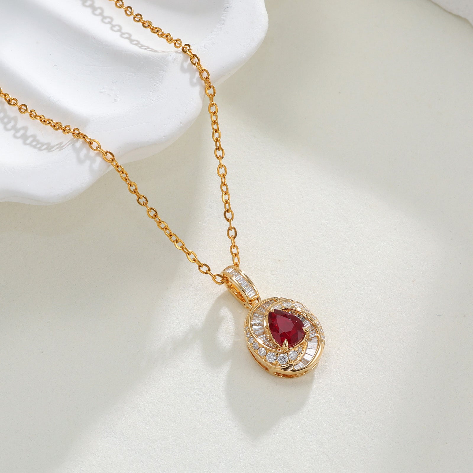 Natural Unheated Ruby & Diamond Pear Double Halo Pendant in 18K Yellow Gold (Pendant Only)