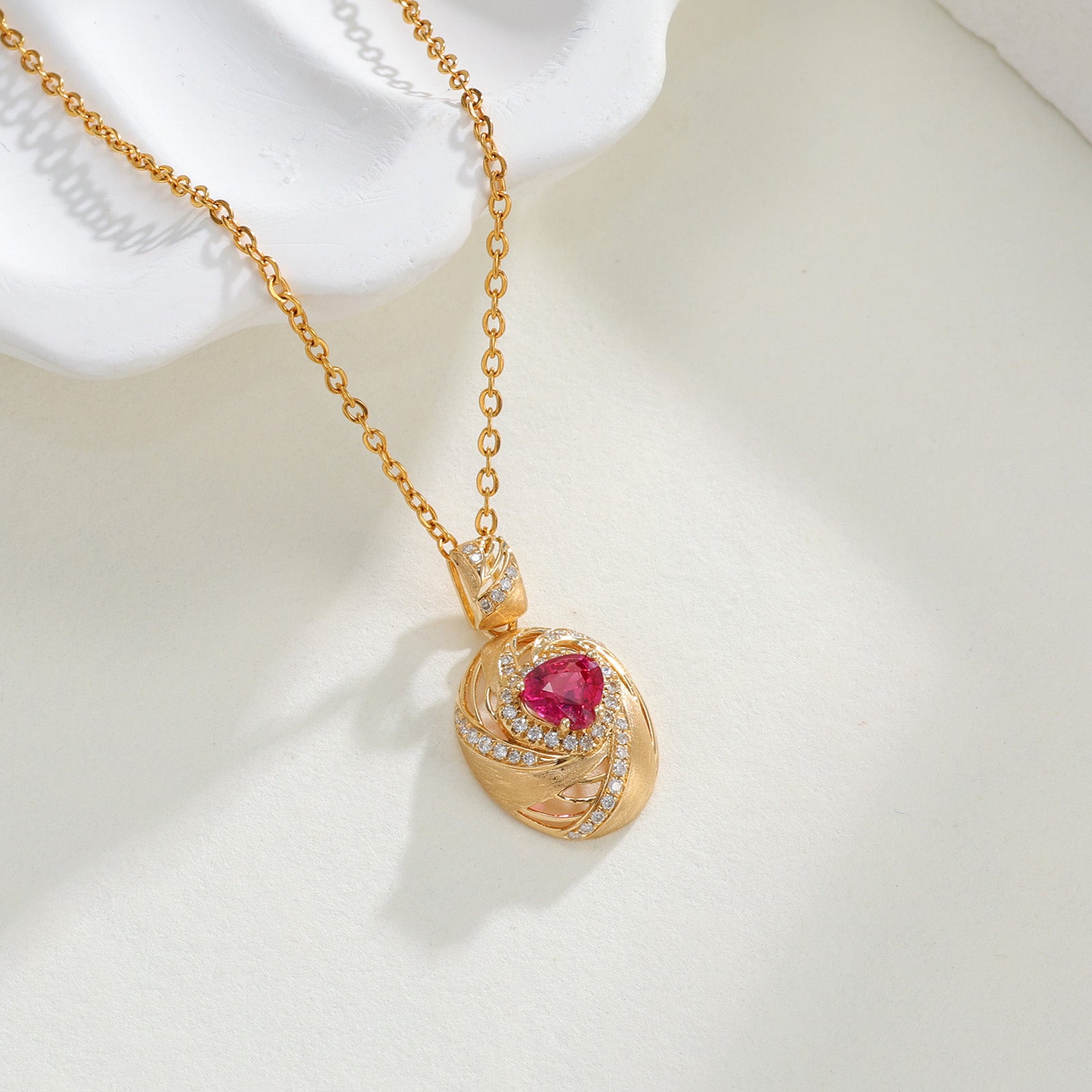 Natural Unheated Ruby & Diamond Heart Brushed Swirl Pendant in 18K Yellow Gold (Pendant Only)