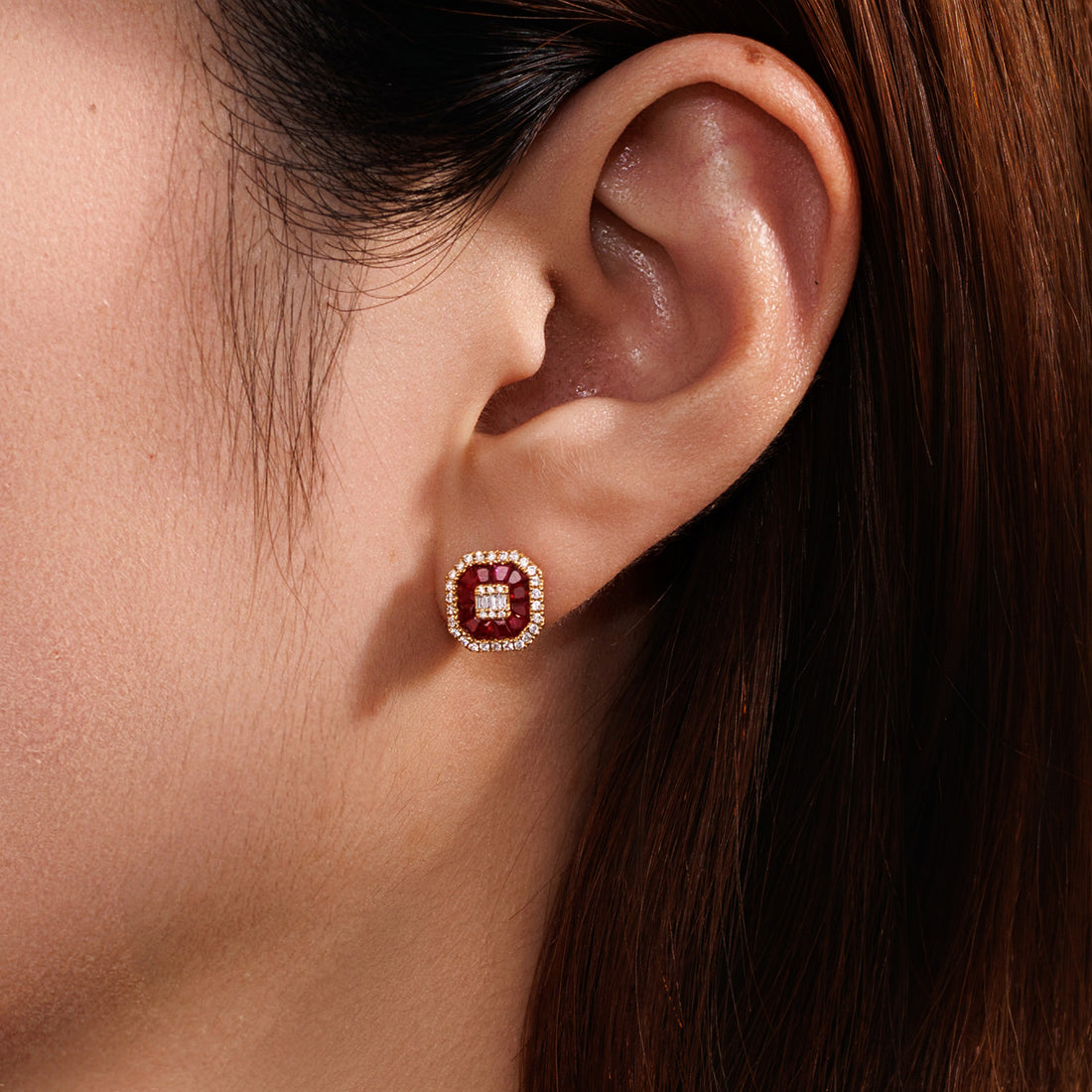 Natural Ruby & Diamond Cushion Halo Stud Earrings in 18K Gold