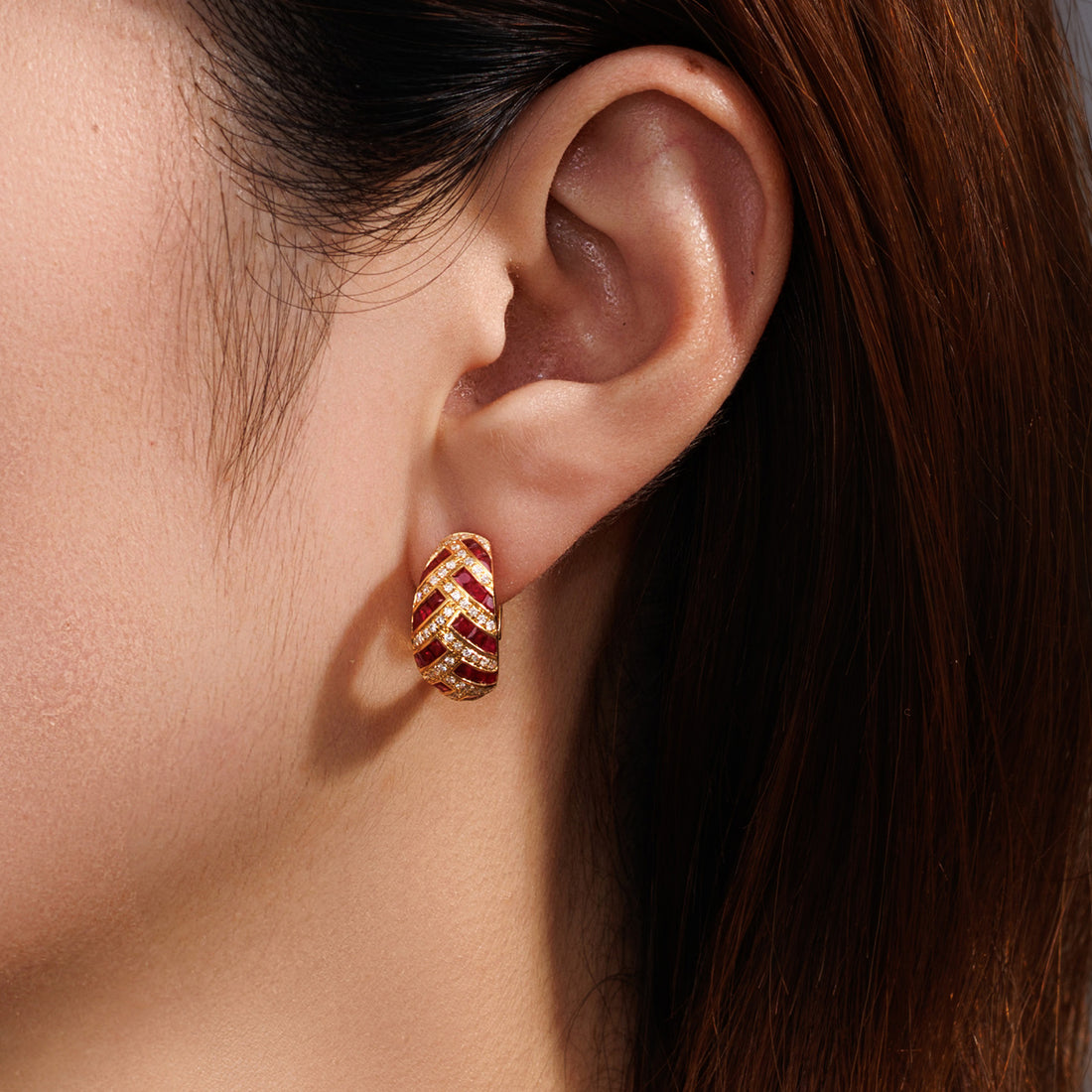 Natural Ruby & Diamond Woven Horn Huggie Earrings in 18K Yellow Gold