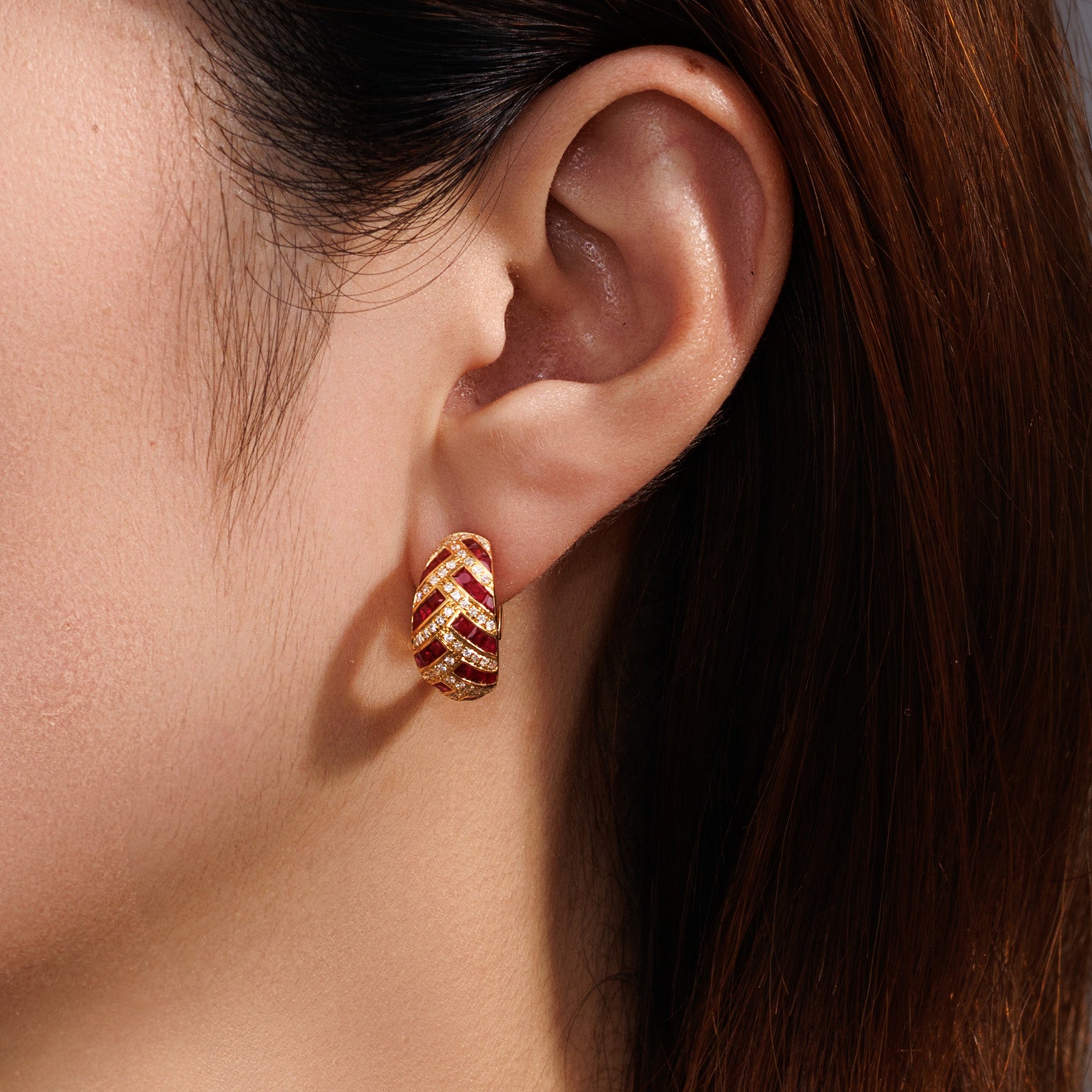 Natural Ruby & Diamond Woven Horn Huggie Earrings in 18K Yellow Gold