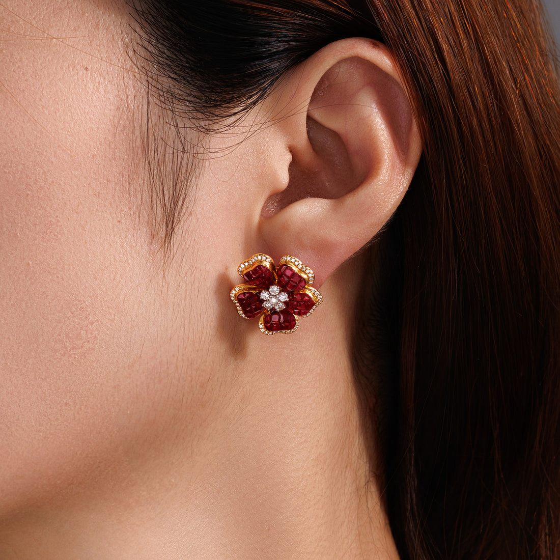 Natural Ruby & Diamond Five Petal Flower Stud Earrings in 18K Yellow Gold