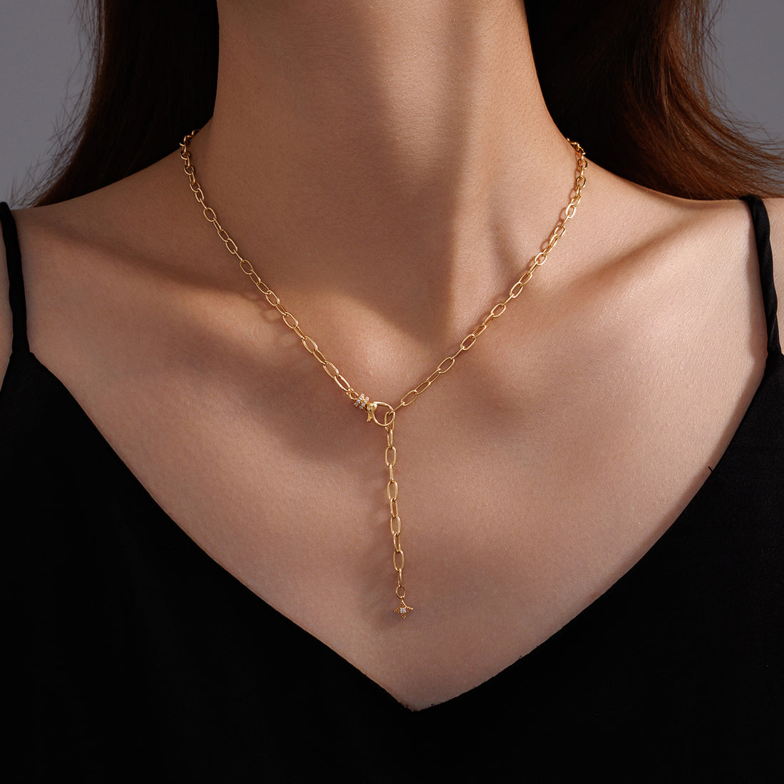 18K Solid Gold Natural Diamond Paperclip Link Lariat Necklace (0.09ct)