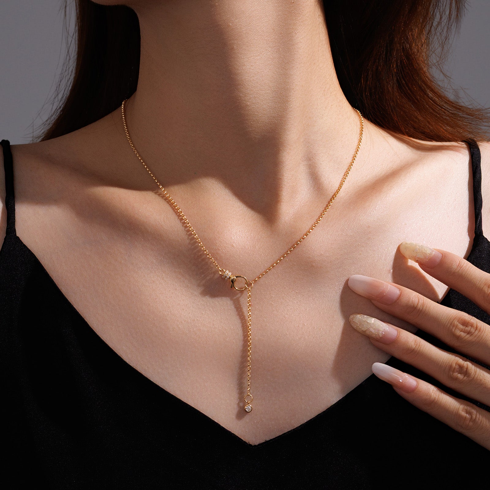 18K Solid Gold Tiny Diamond Adjustable Thin Chain Necklace