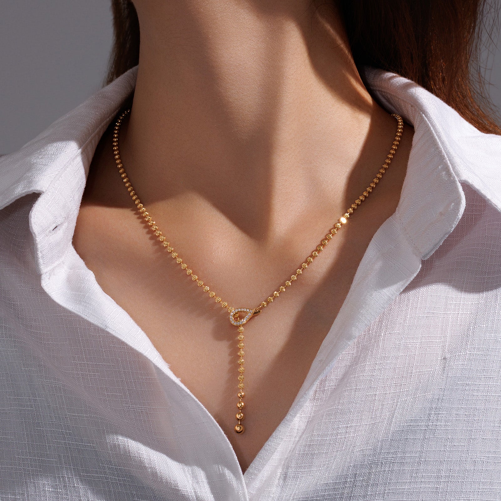 18K Solid Gold Textured Bead Chain Teardrop Natural Diamond Y-Necklace