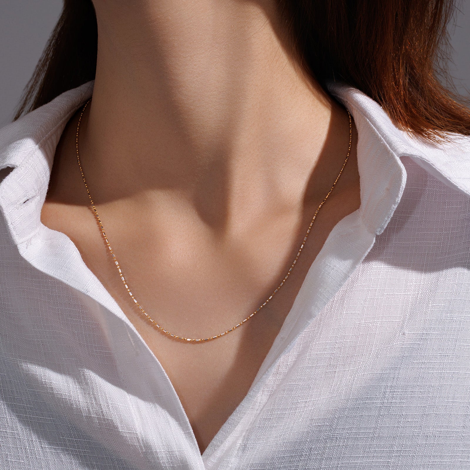 18K Solid Two-Tone White & Yellow Gold Bead Bar Chain Necklace