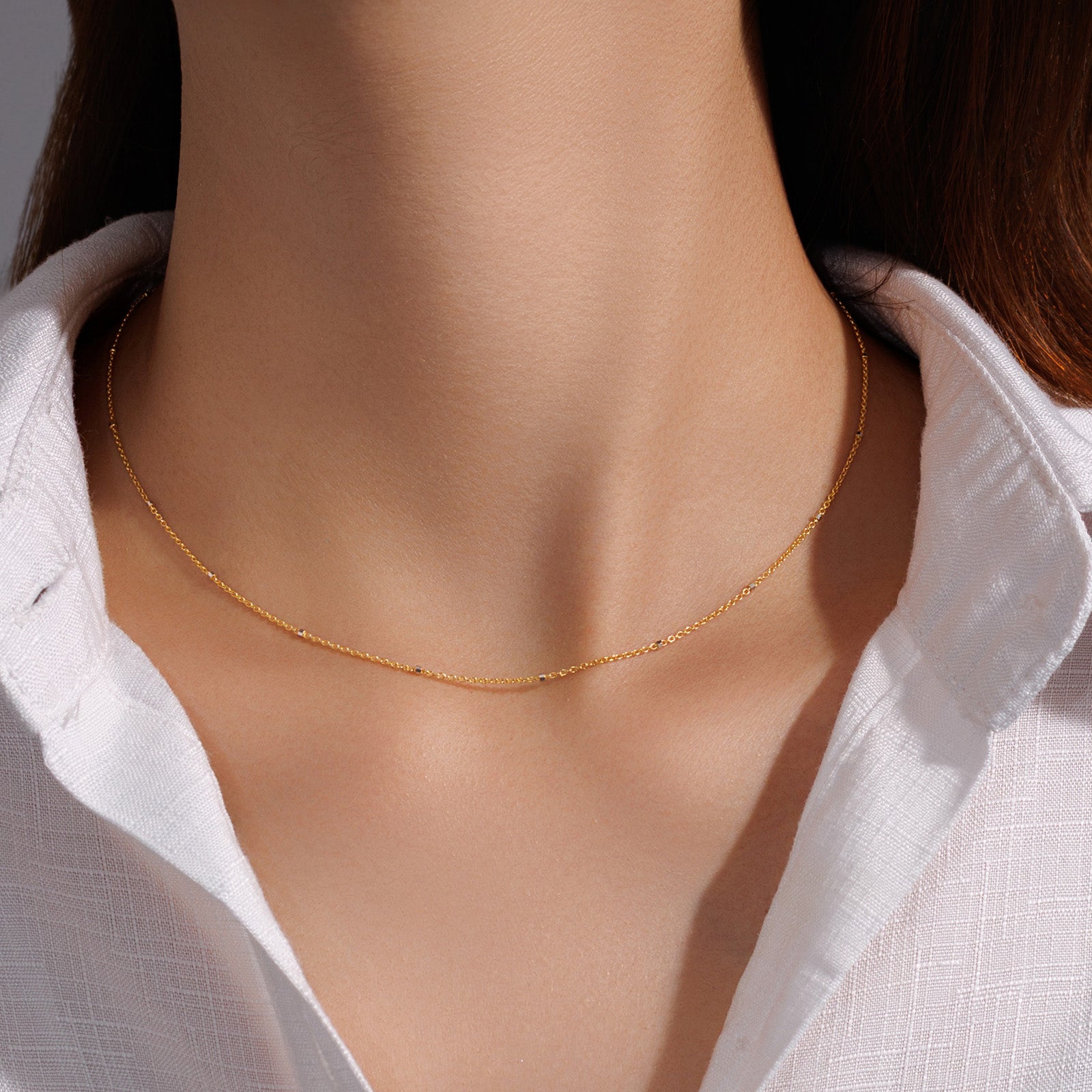 18K Solid Two-Tone White & Yellow Gold Thin Chain Necklace