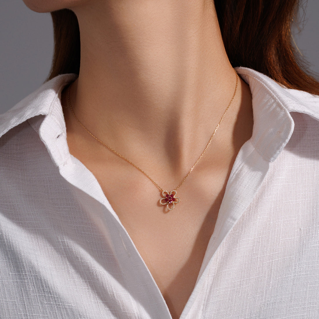 Five-Petal Ruby Flower Diamond Halo Necklace in 18K Yellow Gold