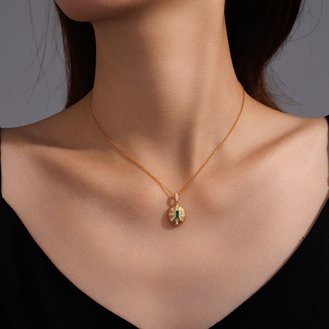 Natural Emerald & Diamond Oval Brushed Sunburst Pendant in 18K Yellow Gold (Pendant Only)