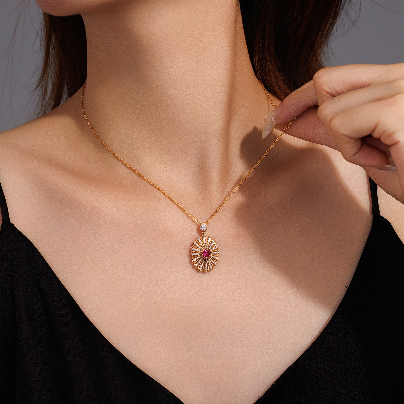 Natural Ruby & Diamond Daisy Flower Pendant in 18K Yellow Gold (Pendant Only)