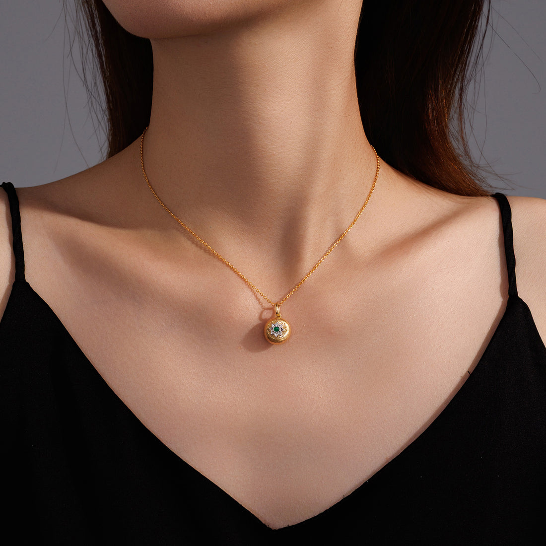 Natural Emerald & Diamond Brushed Mini Round Ball Pendant in 18K Yellow Gold(Pendant Only)
