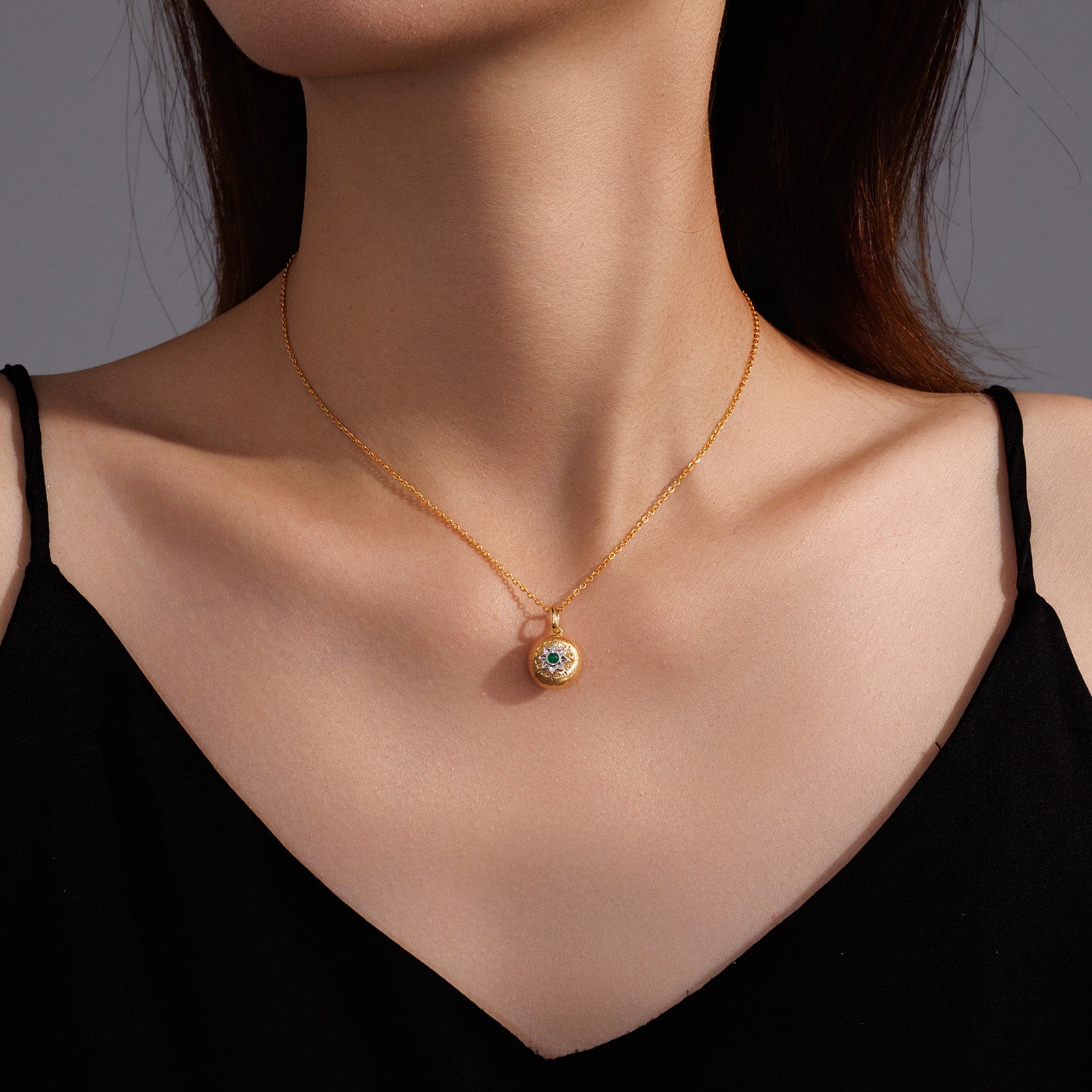 18K Yellow Gold Brushed Mini Round Ball Emerald Pendant (Pendant Only)