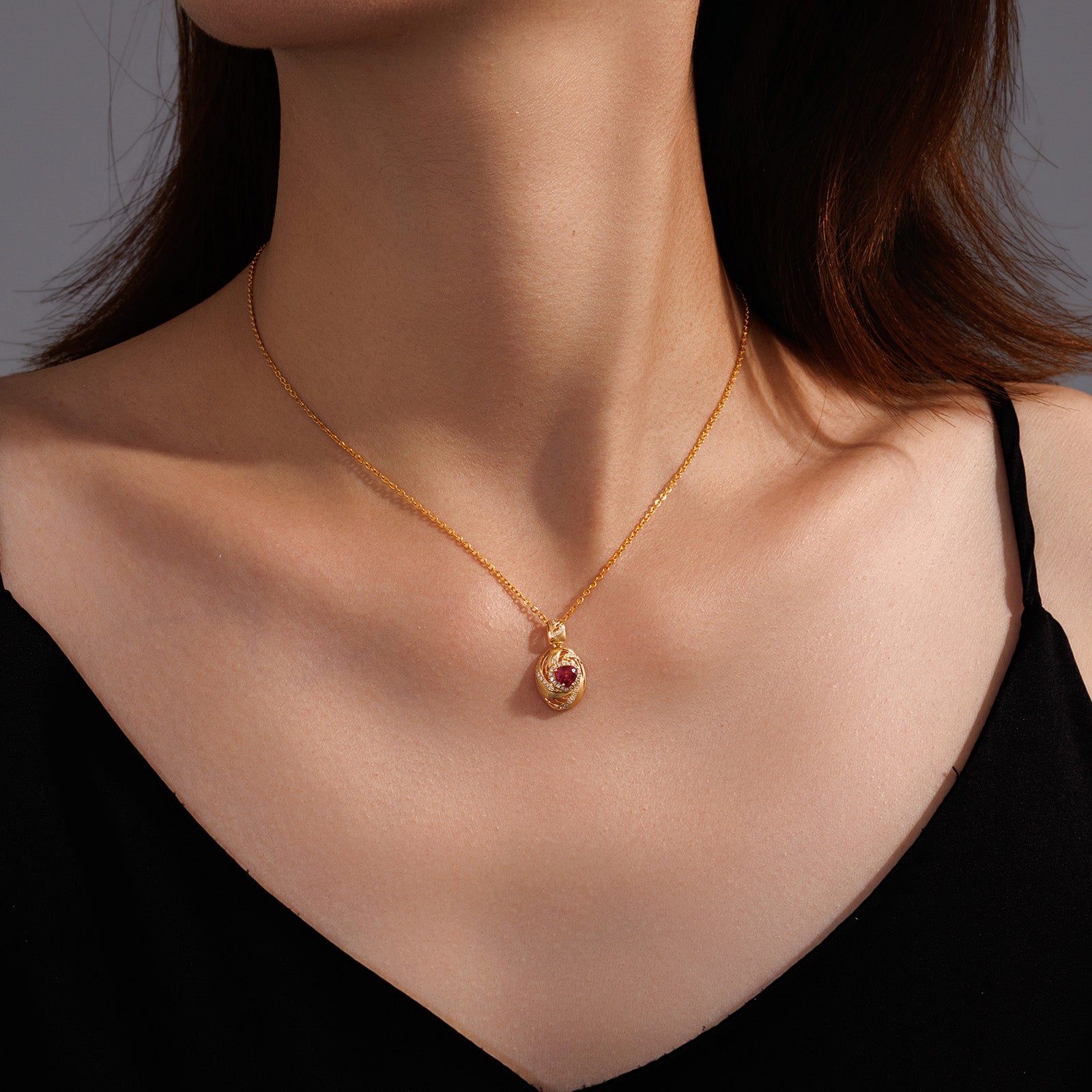 Natural Unheated Ruby & Diamond Heart Brushed Swirl Pendant in 18K Yellow Gold (Pendant Only)