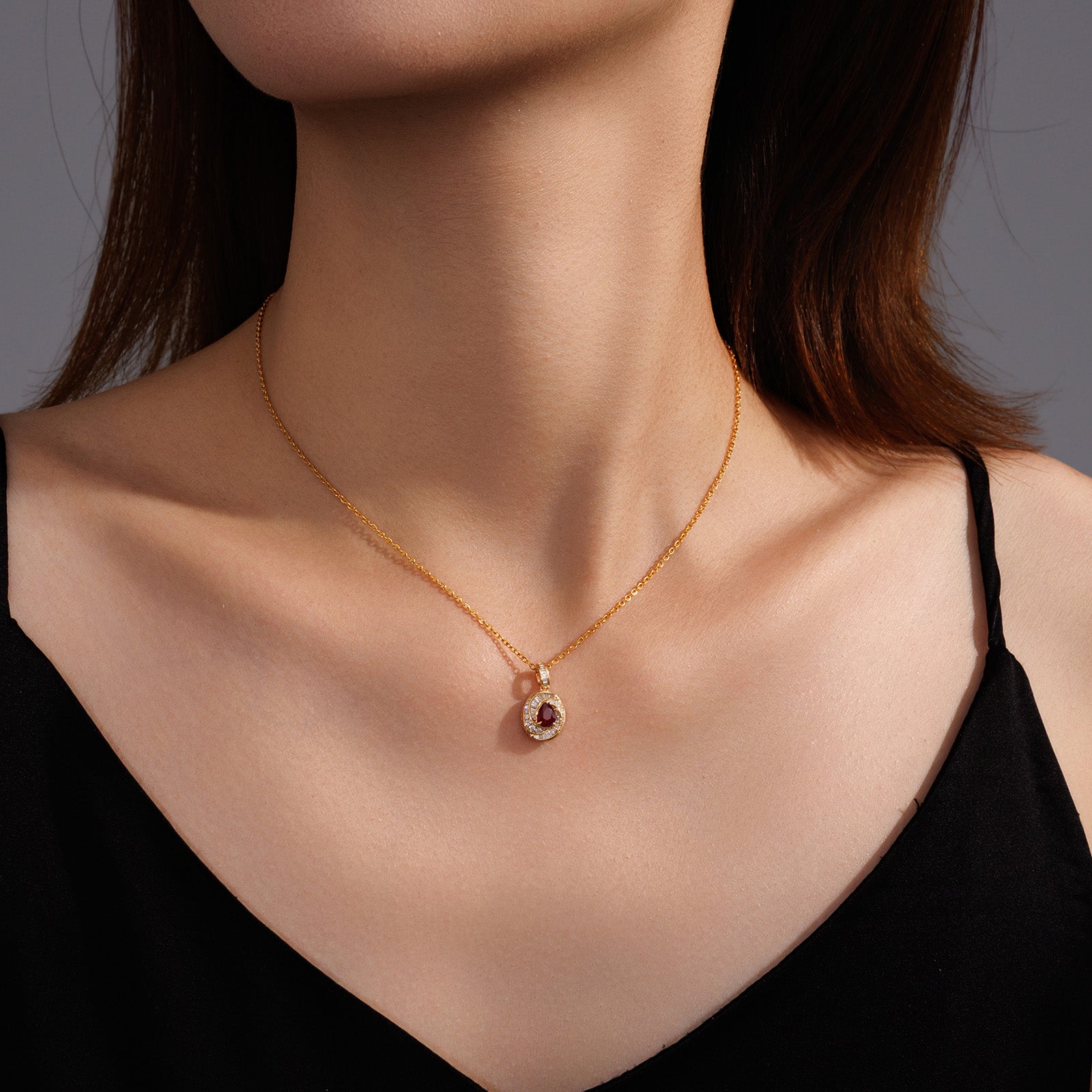 Natural Unheated Ruby & Diamond Pear Double Halo Pendant in 18K Yellow Gold (Pendant Only)