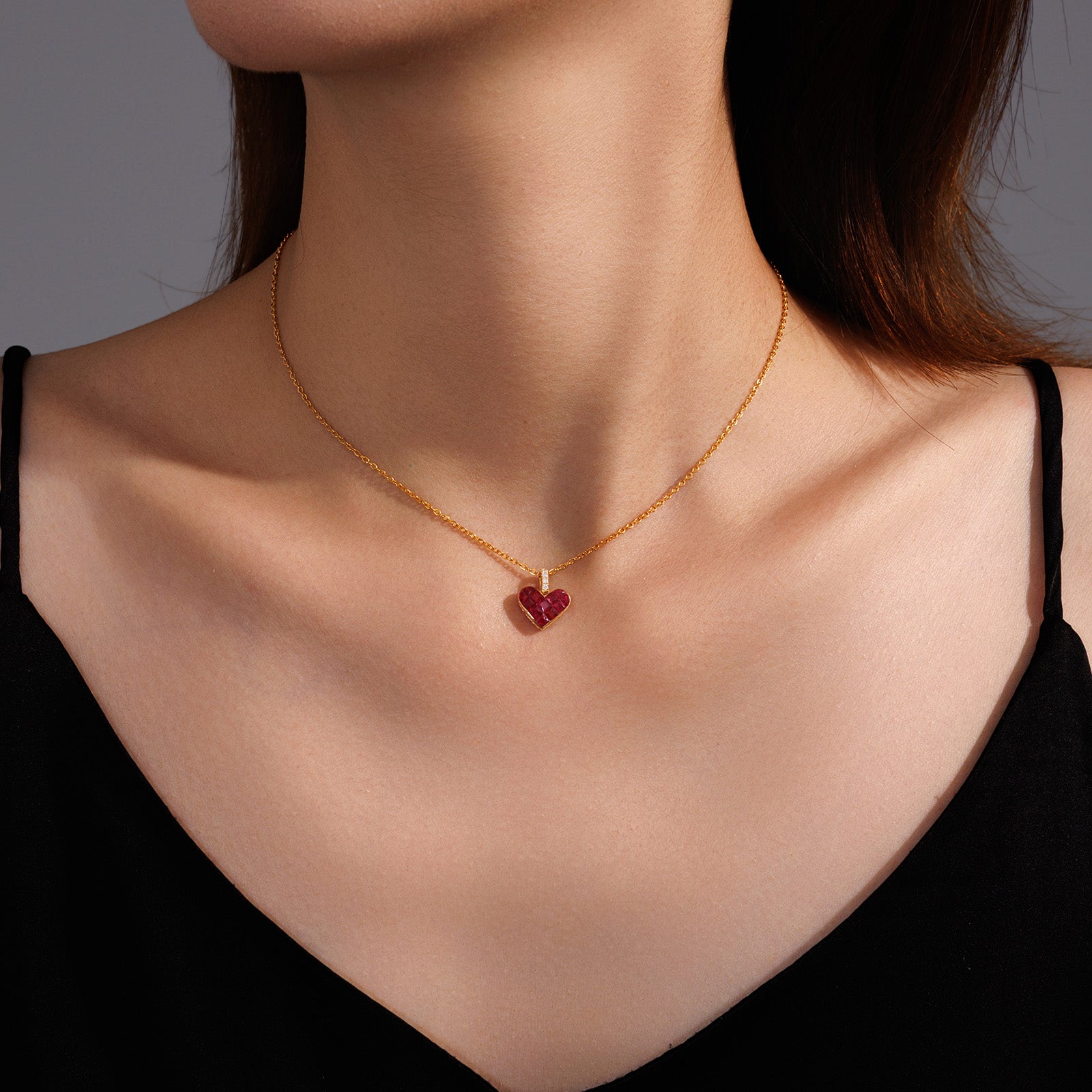 Natural Ruby & Diamond Invisible Set Heart Pendant in 18K Yellow Gold (Pendant Only)