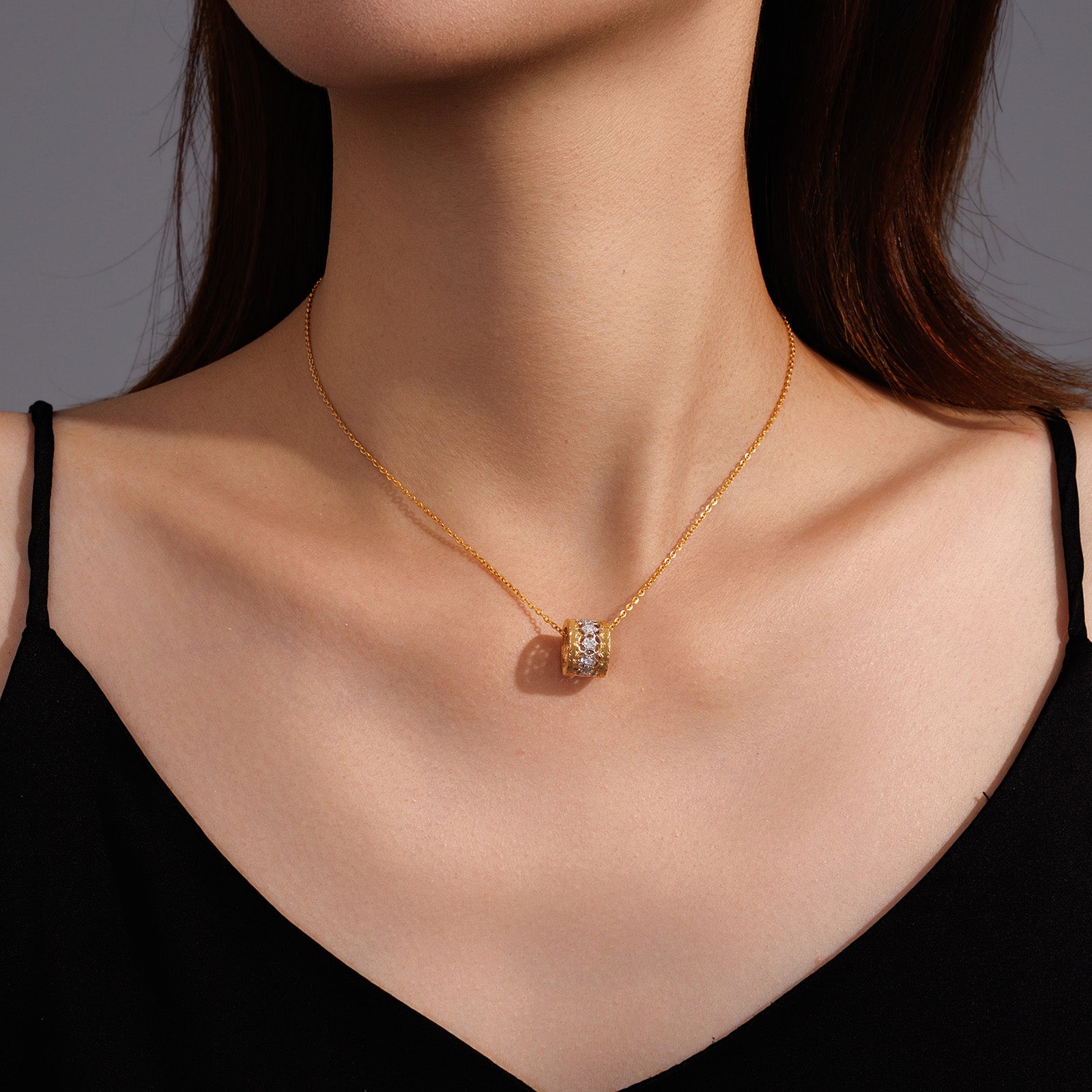 18K Solid Gold  Two-Tone Natural Diamond Cylindrical Pendant（Only Pendant）