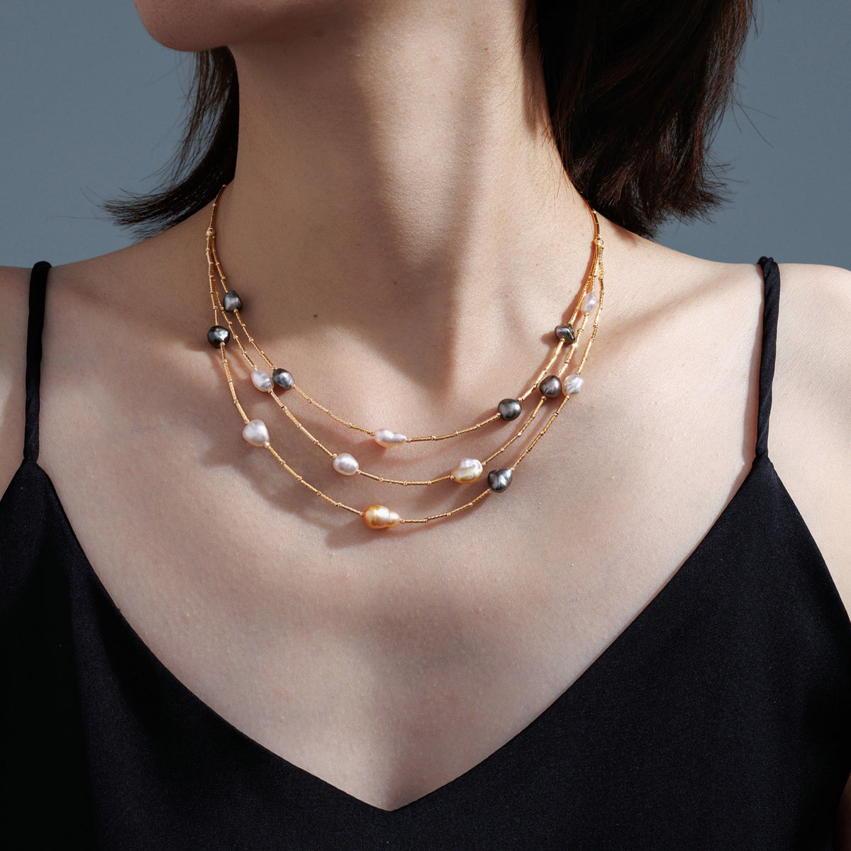 Tricolor Keshi Pearl Triple-Strand Necklace