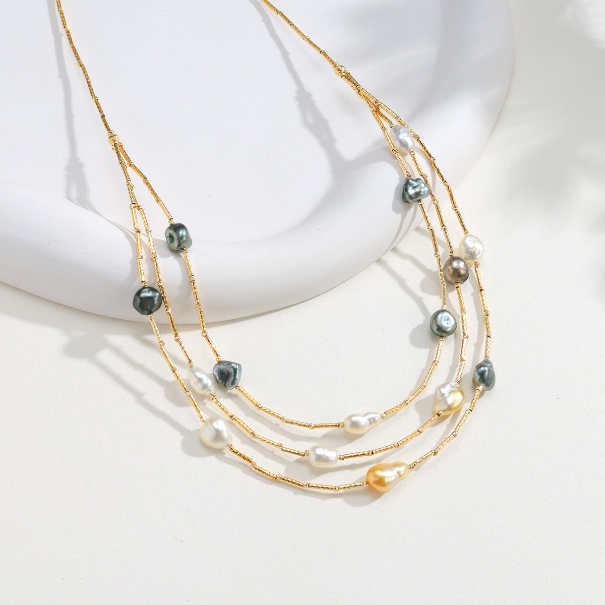 Tricolor Keshi Pearl Triple-Strand Necklace