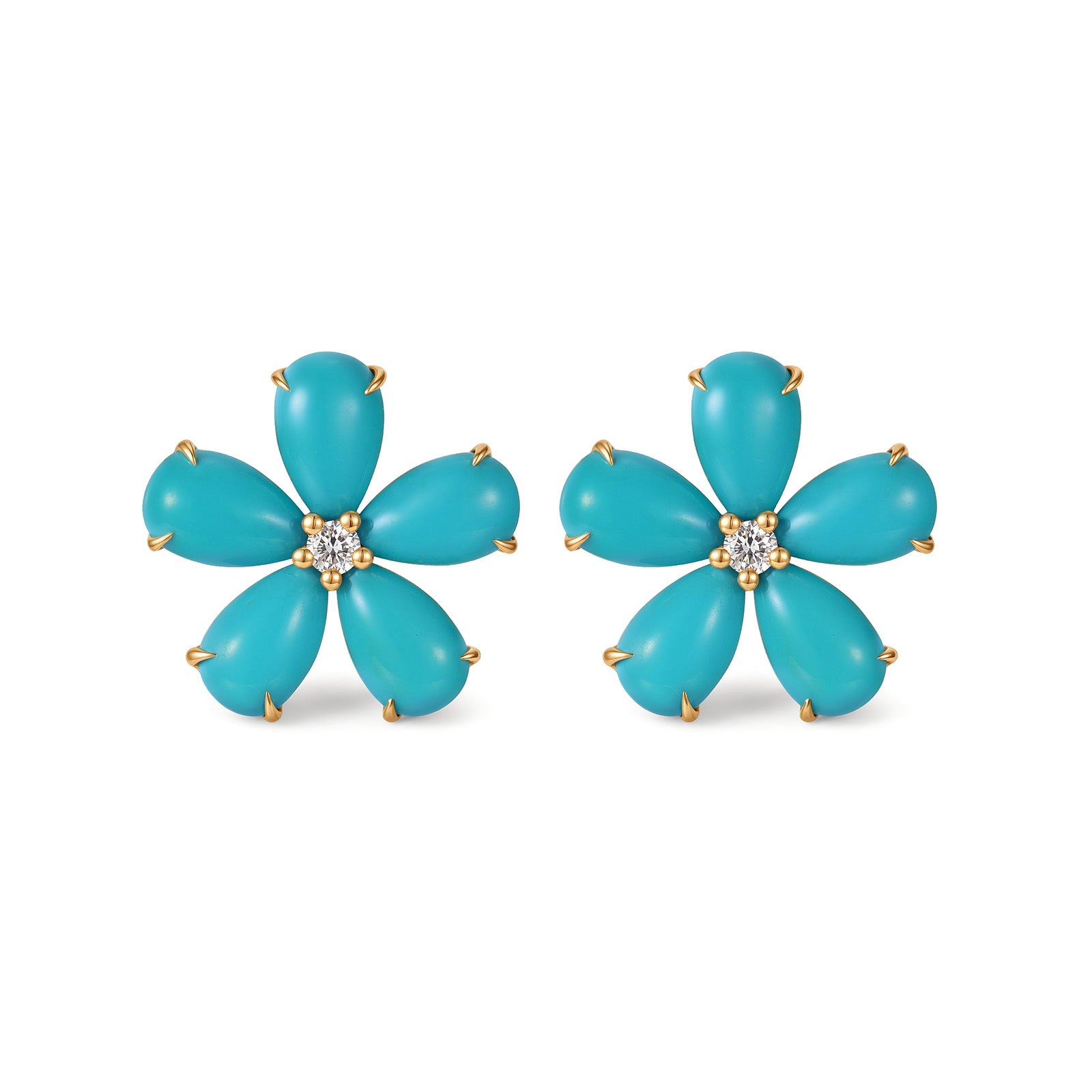 18K Yellow Gold Five-Petal Turquoise Flower Stud Earrings