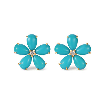 18K Yellow Gold Five-Petal Turquoise Flower Stud Earrings