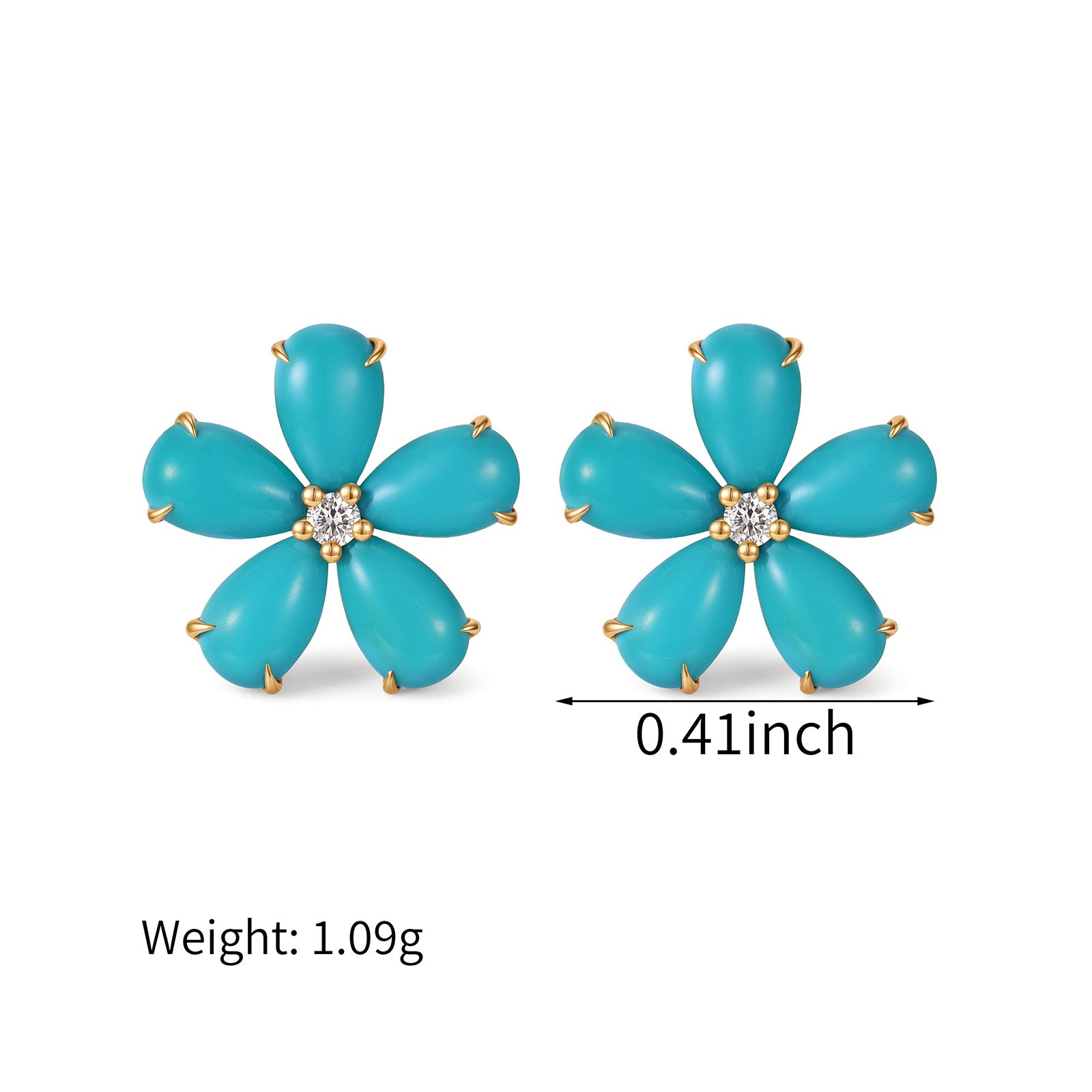 18K Yellow Gold Five-Petal Turquoise Flower Stud Earrings