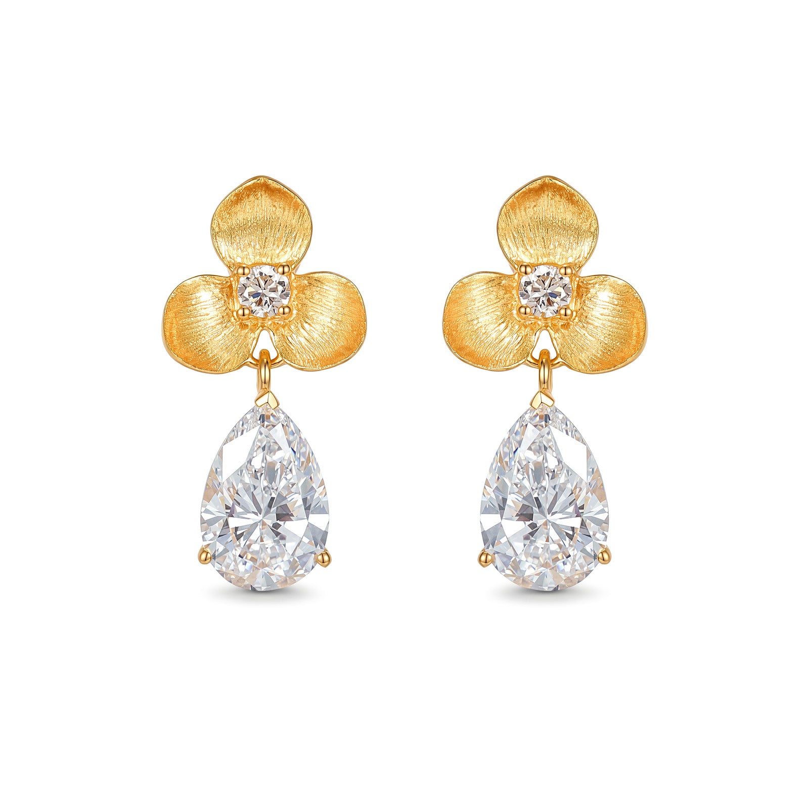 18K Yellow Gold Textured Three-Petal Flower Pear Drop Lab-Grown Diamond Dangle Earrings