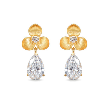 18K Yellow Gold Textured Three-Petal Flower Pear Drop Lab-Grown Diamond Dangle Earrings