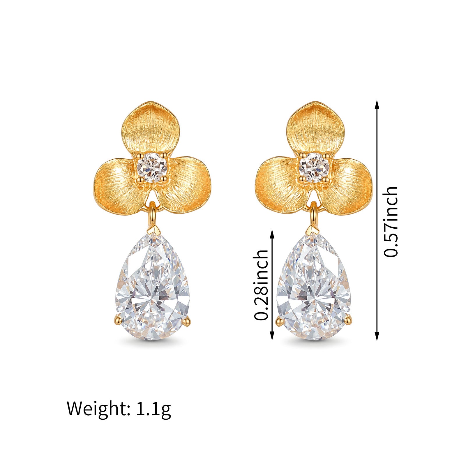 18K Yellow Gold Textured Three-Petal Flower Pear Drop Lab-Grown Diamond Dangle Earrings