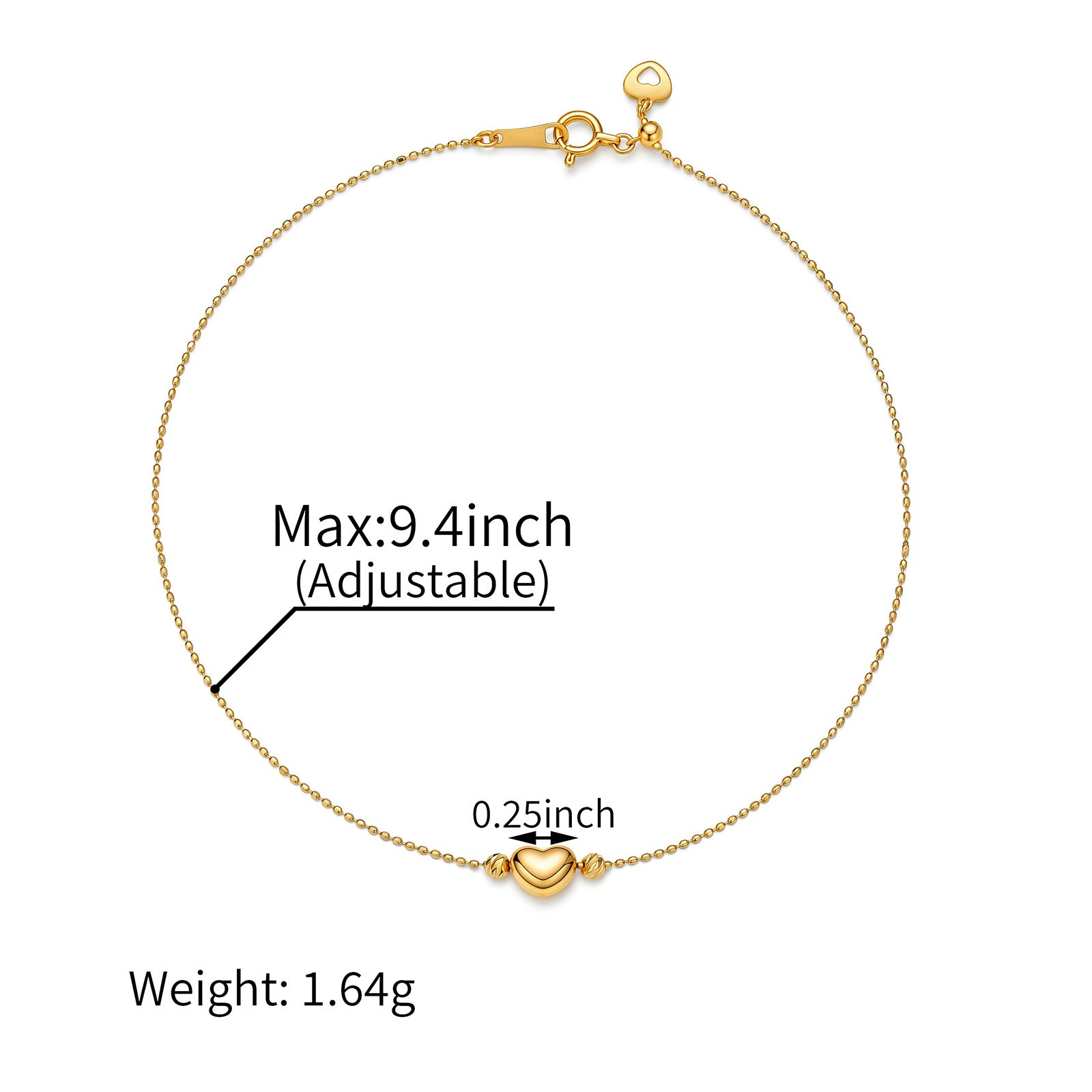 18K Gold Adjustable Puffy Heart Anklet