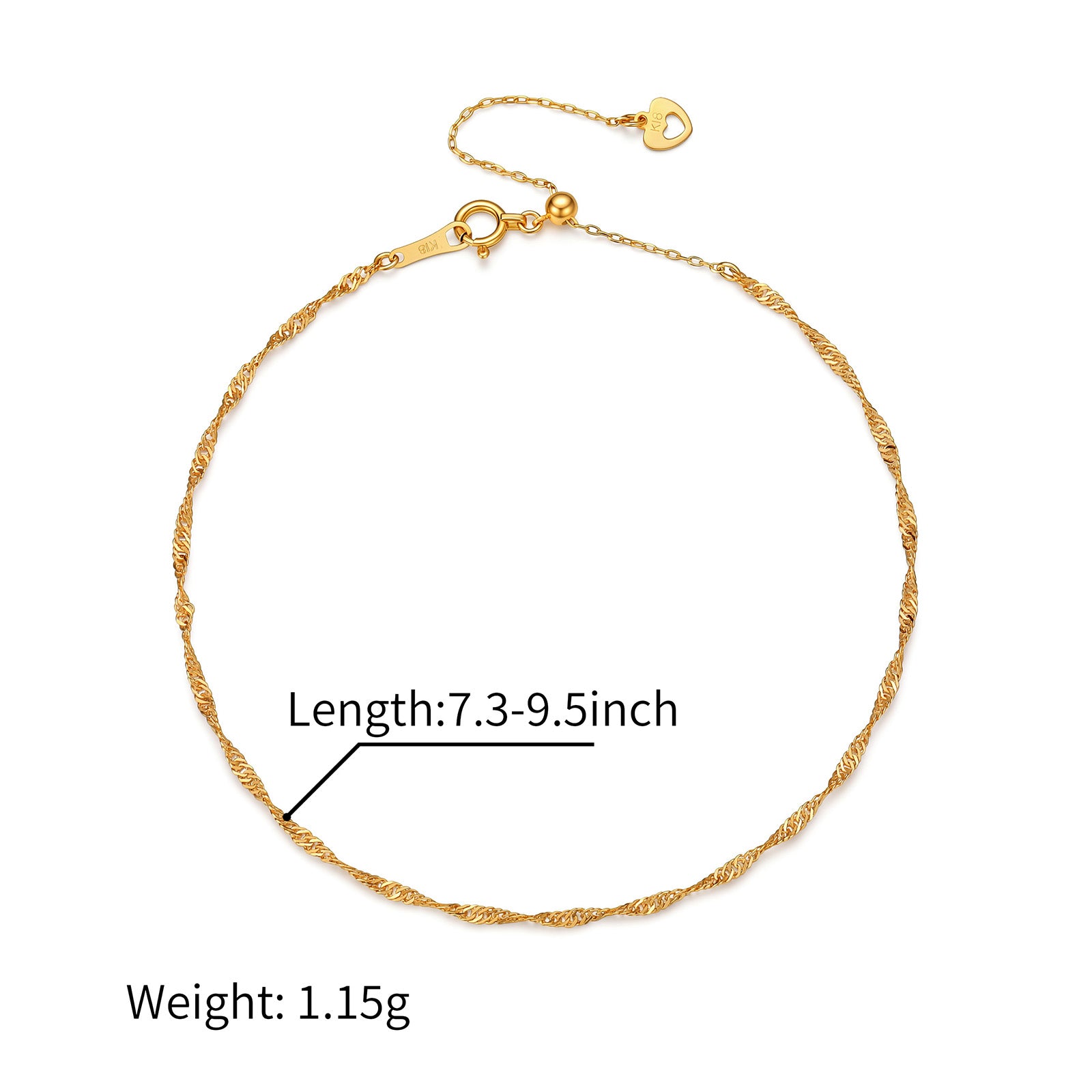 18K Solid Gold Singapore Twist Adjustable Anklet