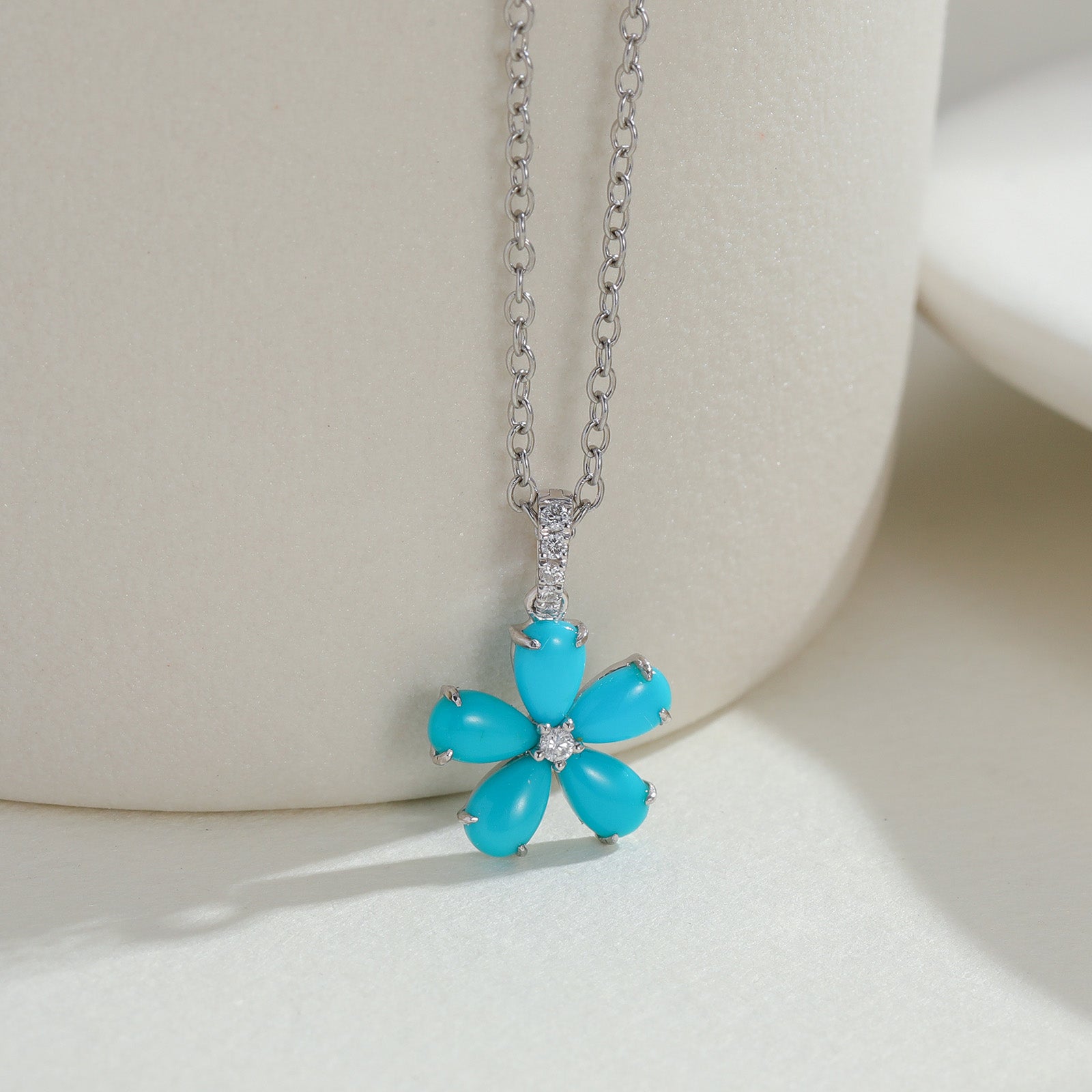 18K White Gold Five-Petal Turquoise Flower Pendant(Pendant Only)