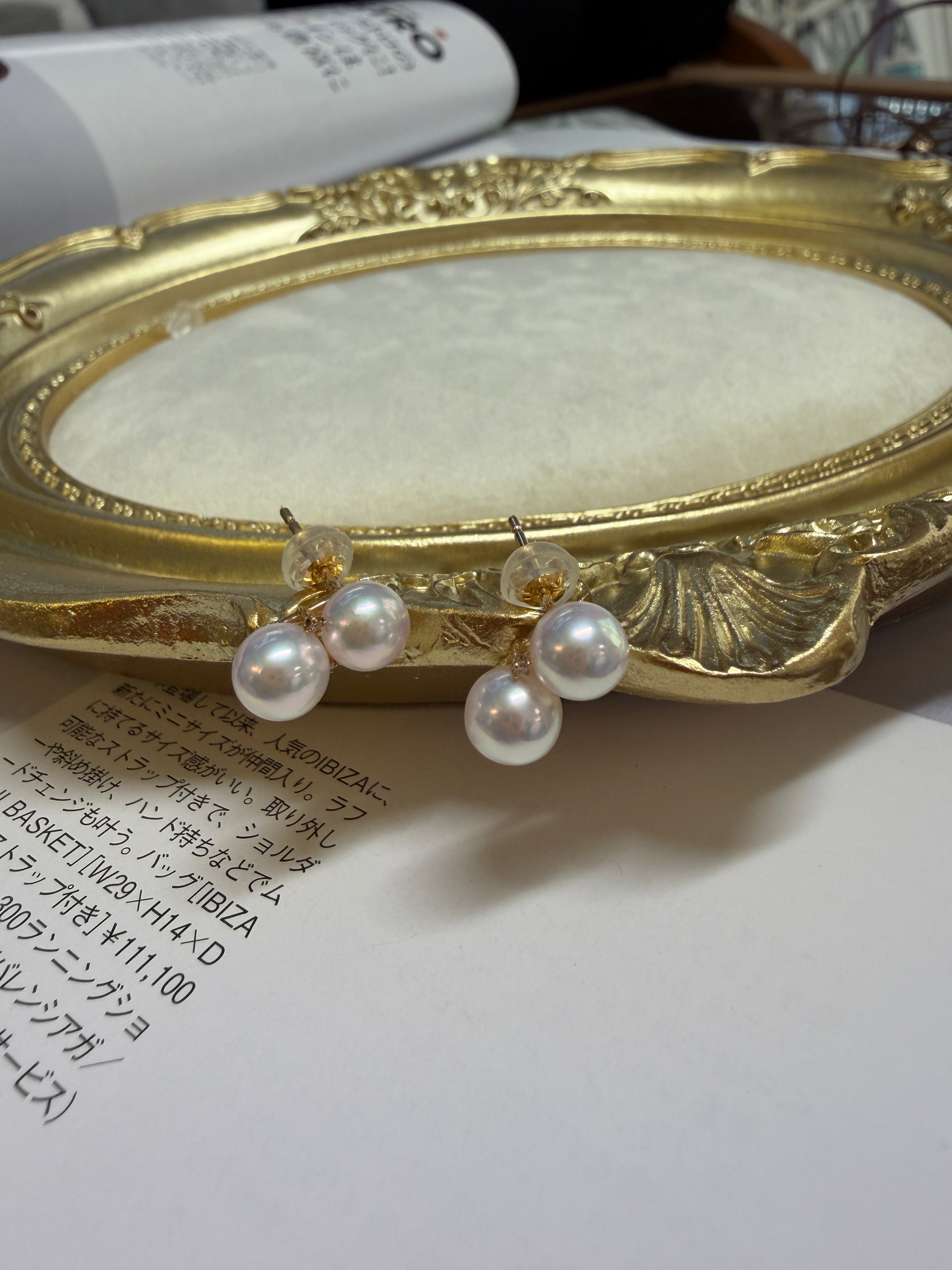18K Gold Twin  6mm Akoya Pearl Drop Stud Earrings