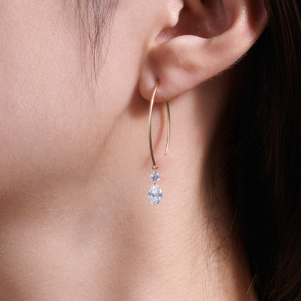1.26CT Pear & Round Lab‑Grown Diamond Drop Open Wire Hoop Earrings in 14K