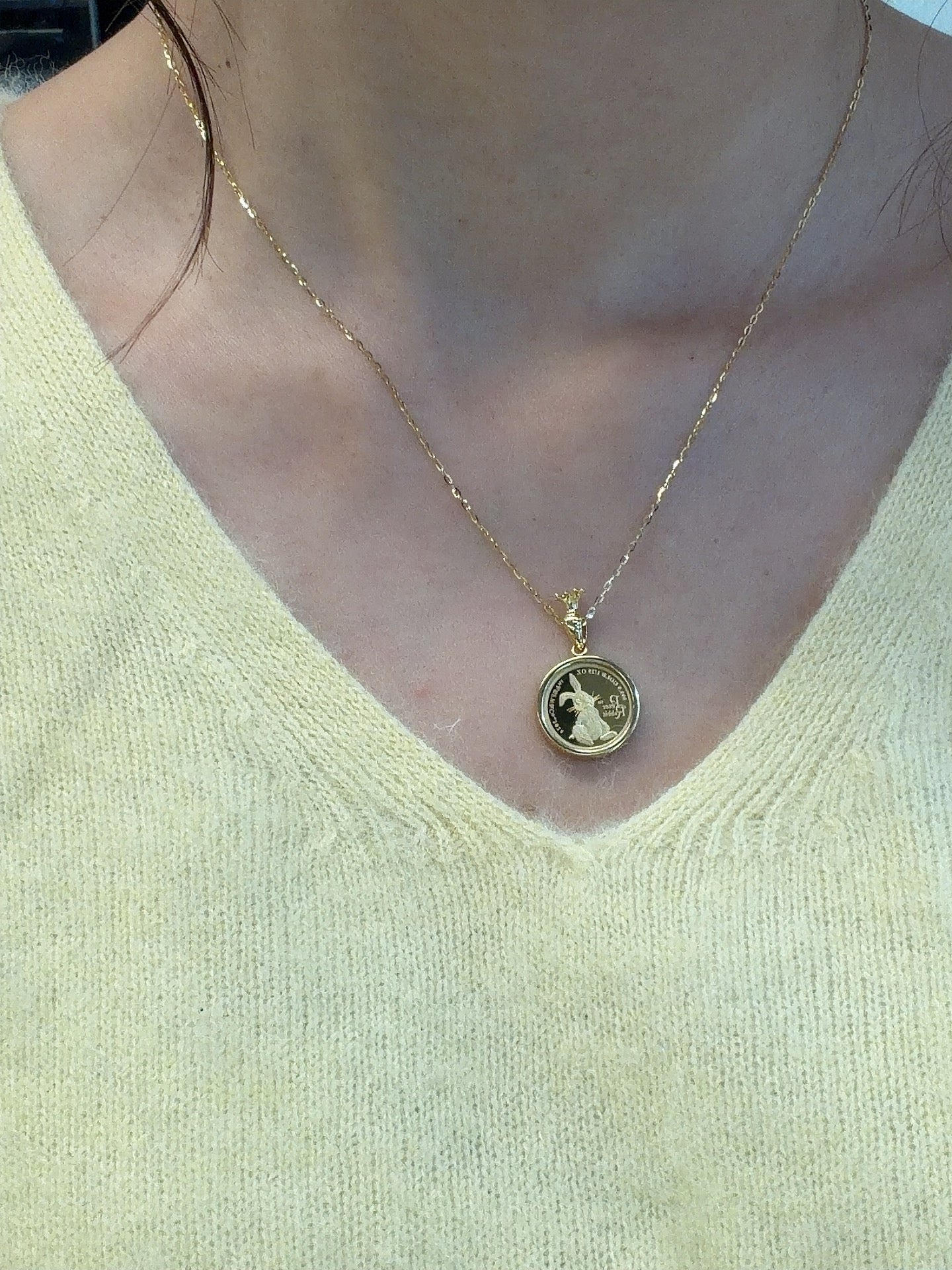 24K Peter Rabbit Gold Coin Pendant with 18K Gold Setting