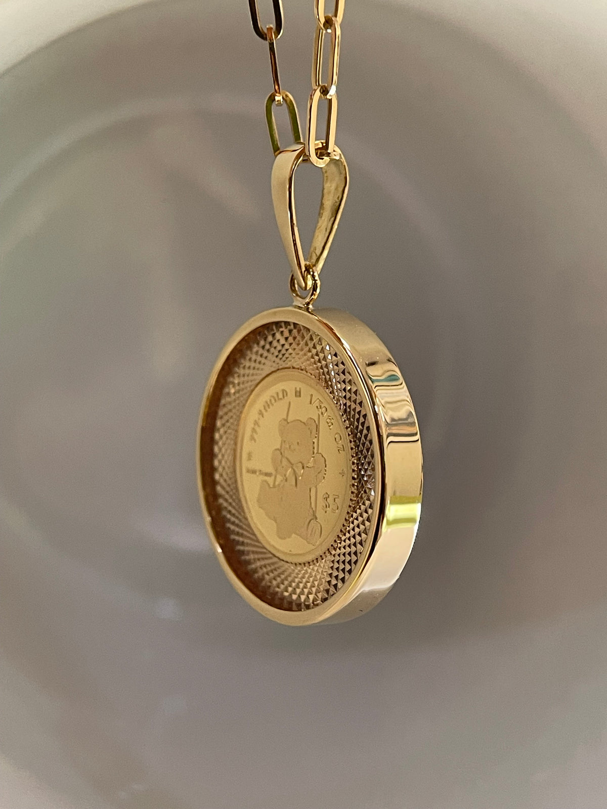 ⭐️Royal Mint Teddy Bear 999.9 Fine Gold 12mm Coin Pendant Necklace, Limited Edition of 1000