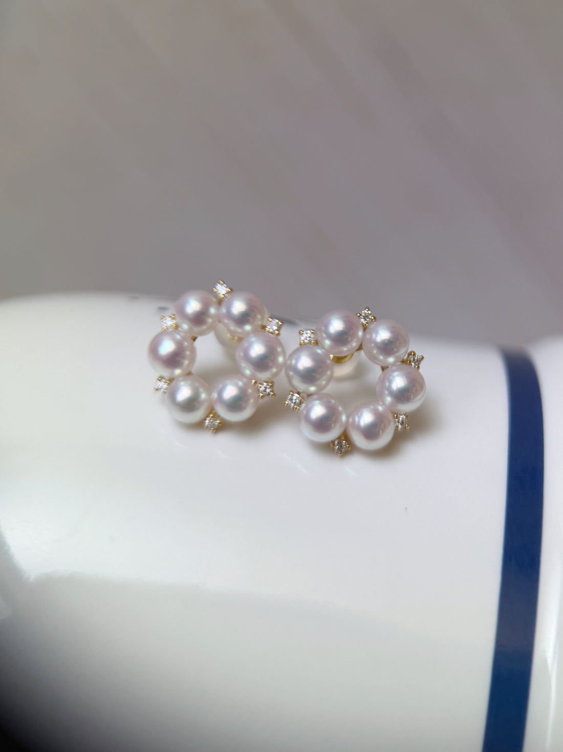 Japanese Akoya Pearl & Natural Diamond K18 Gold Flower Stud Earrings