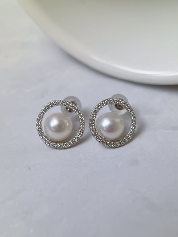 Platinum Akoya Pearl Diamond Halo Stud Earrings 0.14ct Each