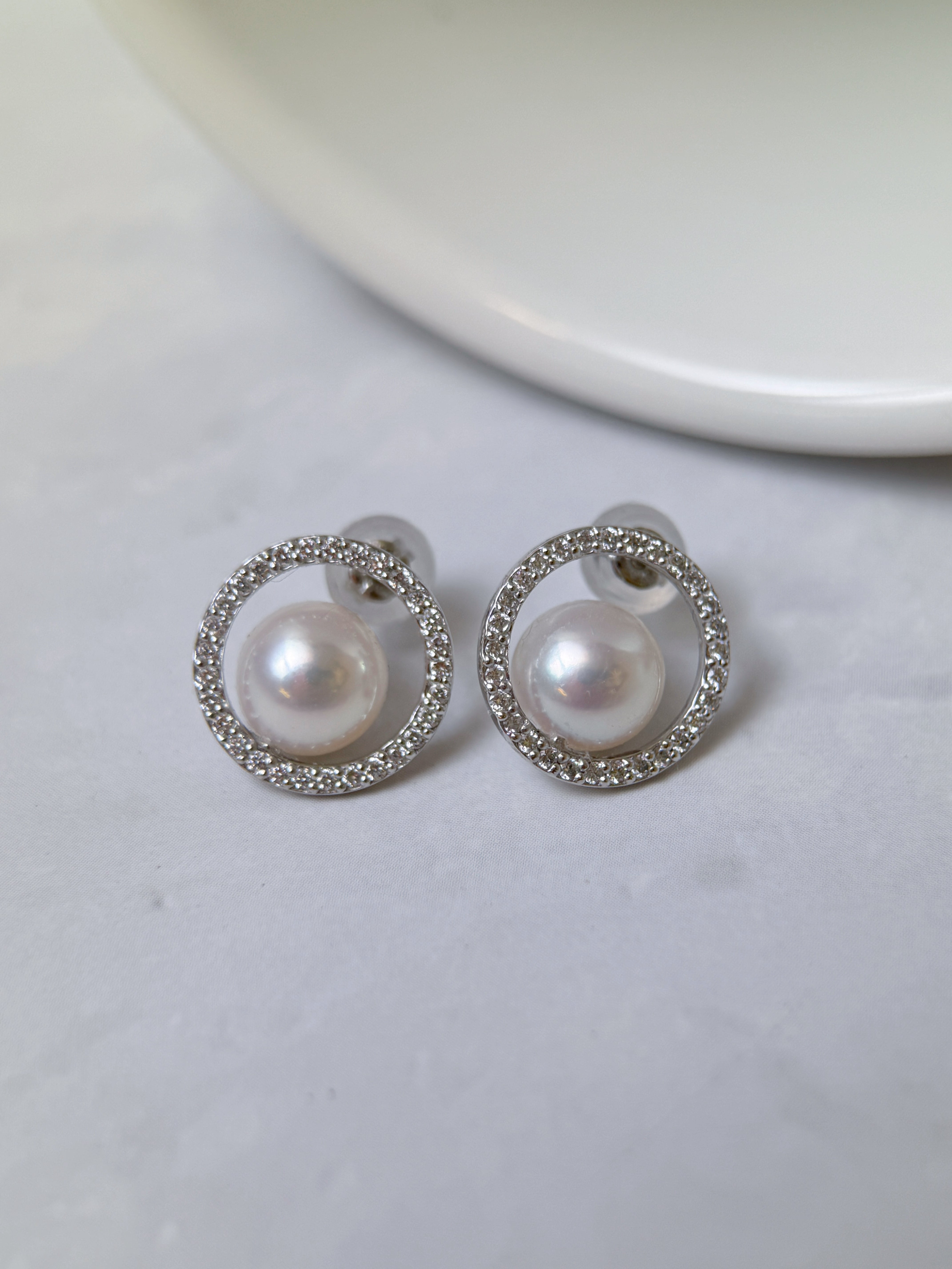 Platinum Akoya Pearl Diamond Halo Stud Earrings 0.14ct Each