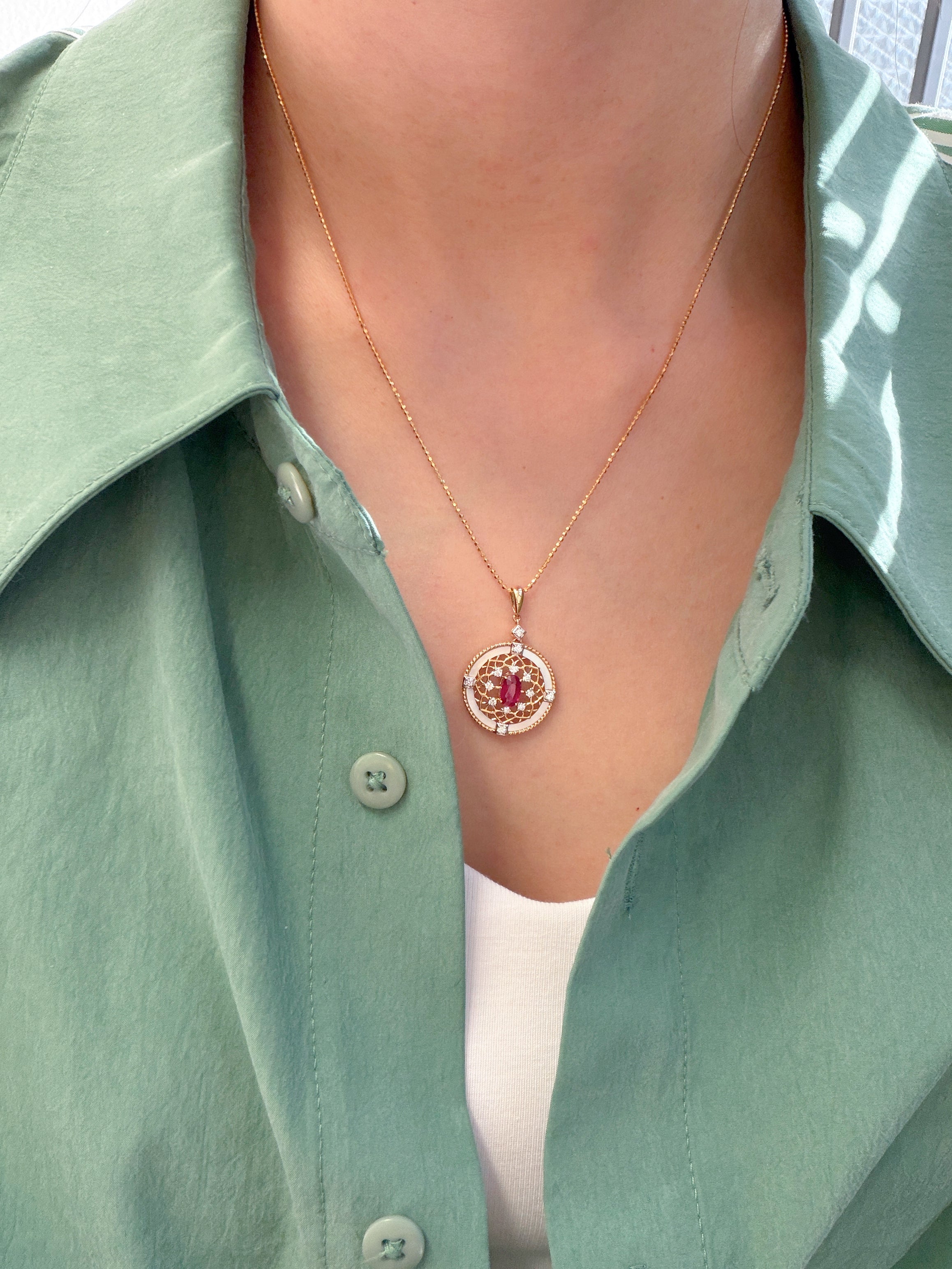 K18 Yellow Gold Ruby, White Mother-of-Pearl & Natural Diamond Pendant